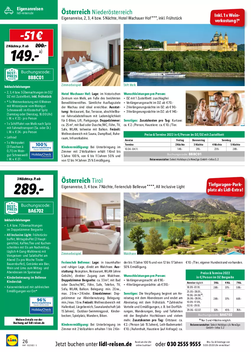 Aktueller Prospekt Lidl - Monatliche Reise-Highlights - von 26.02 bis 30.04.2022 - strona 26 - produkty: auer, aust, axe, Bad, Bademantel, Bau, Bauer, Benediktiner, bestpreis, bett, bier, Brei, buch, dusche, E-Bike, E-Bikes, eier, eis, elle, Fahrrad, flasche, getränk, getränke, gin, inklusivleistungen, kaffee, Kaiser, Kinder, kuchen, Kuchenschnitte, kurtaxe, Liege, limo, Mantel, pool, reis, reiseveranstalter, rezept, ring, rum, salat, schnitten, Sofa, Sport, Stier, stifte, tee, telefon, Ti, Tiere, uhr, vorspeise, wein, weine, wellnessbereich, zimmerbeispiel