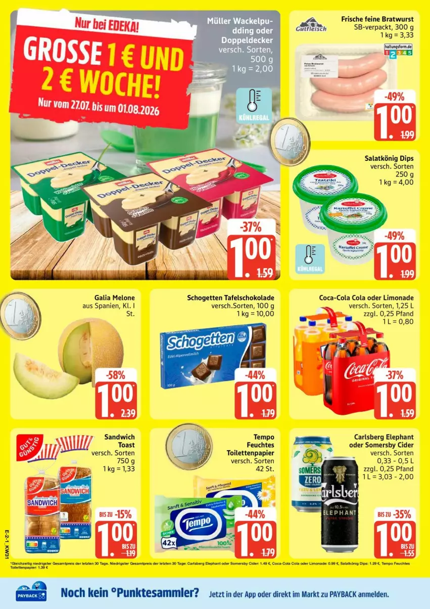 Aktueller Prospekt Edeka - Prospekte - von 27.07 bis 01.08.2026 - strona 2 - produkty: bratwurst, carlsberg, cider, coca-cola, cola, dip, limo, limonade, melone, papier, payback, salat, sandwich, schogetten, schoko, schokolade, somersby, tafelschokolade, Tempo, tesa, toast, toilettenpapier, wurst