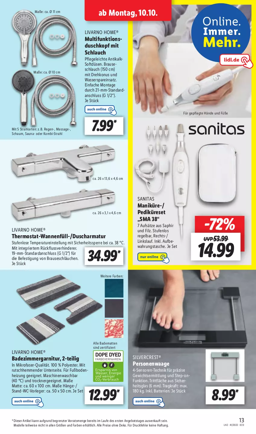 Aktueller Prospekt Lidl - Aktionsprospekt - von 10.10 bis 15.10.2022 - strona 15 - produkty: angebot, armatur, aufbewahrungstasche, Bad, badematte, batterie, batterien, brause, brauseschlauch, dell, eis, elle, Ergee, garnitur, kraft, mikrofaser, Mode, Personenwaag, personenwaage, reis, schlauch, schläuche, silvercrest, Tasche, thermostat, Ti, Trockner, Waage, Wanne, wasser, WC-Vorleger, ZTE