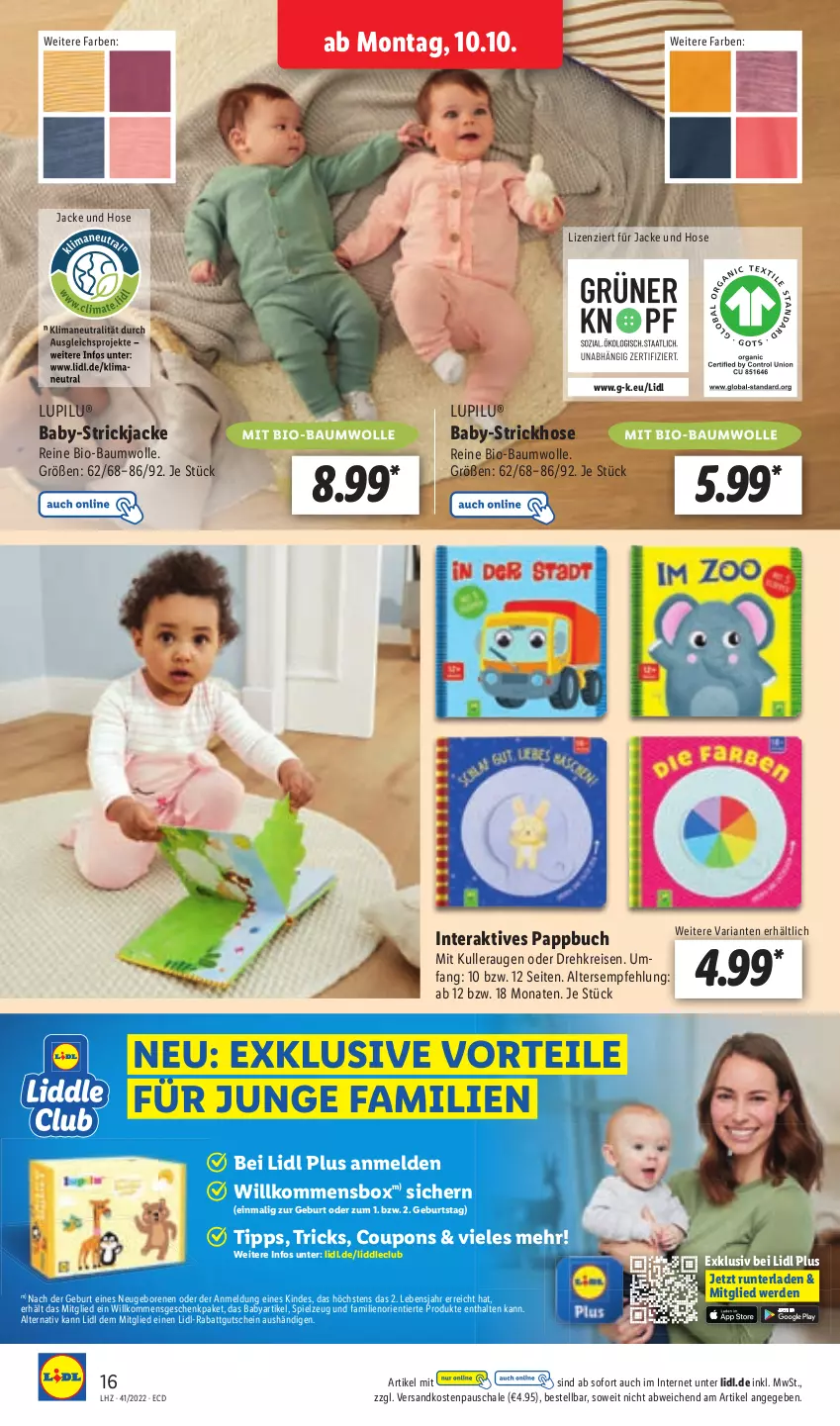 Aktueller Prospekt Lidl - Aktionsprospekt - von 10.10 bis 15.10.2022 - strona 18 - produkty: Bau, baumwolle, bio, bio-baumwolle, buch, coupon, coupons, eis, erde, gutschein, hose, Jacke, lupilu, mit bio-baumwolle, ndk, reis, Ria, Schal, Schale, spielzeug, Strickjacke, Ti, wolle