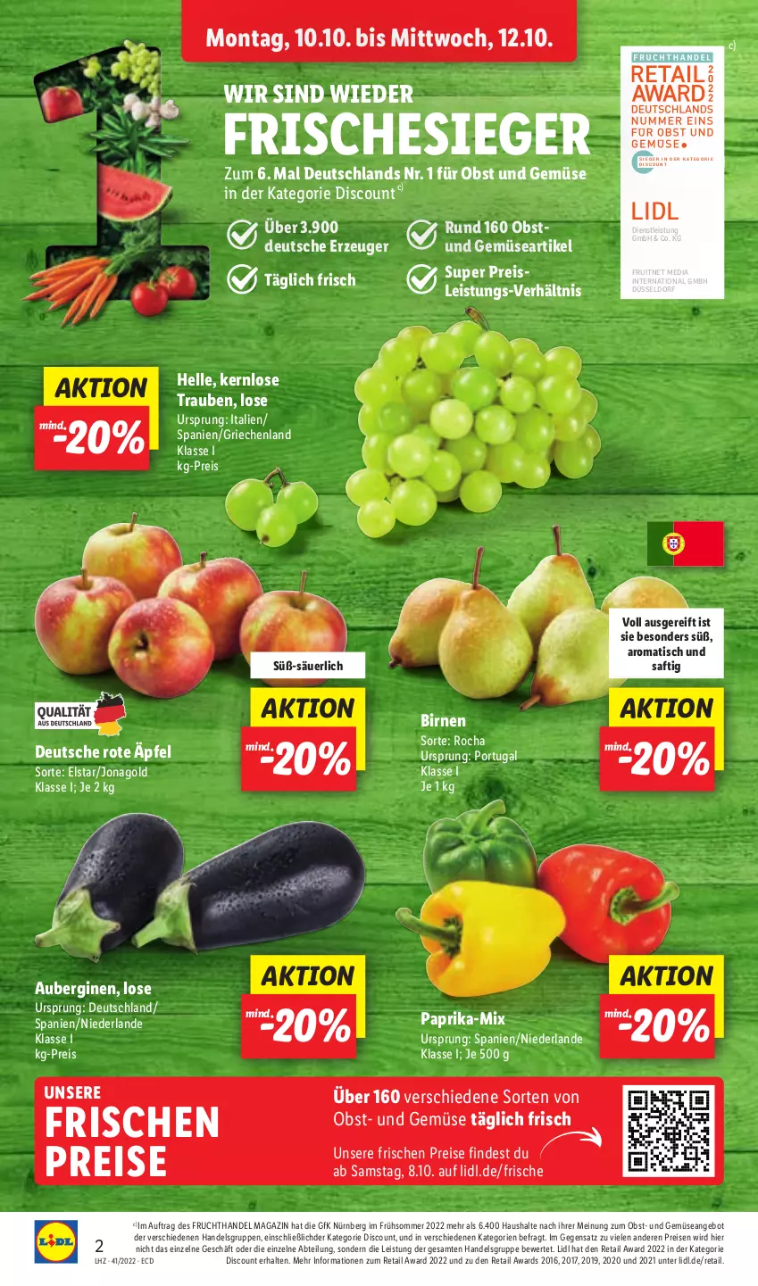 Aktueller Prospekt Lidl - Aktionsprospekt - von 10.10 bis 15.10.2022 - strona 2 - produkty: Abtei, angebot, aubergine, auberginen, Birnen, discount, eis, elle, ente, frucht, gin, magazin, obst, Obst und Gemüse, paprika, reis, saft, Ti, tisch, trauben, und gemüse