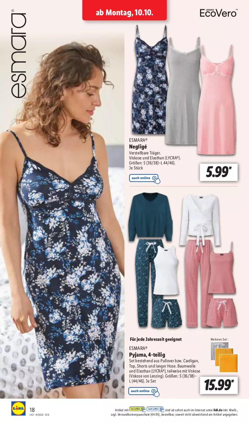 Aktueller Prospekt Lidl - Aktionsprospekt - von 10.10 bis 15.10.2022 - strona 20 - produkty: Bau, baumwolle, Cardigan, eis, esmara, hose, lenzing, ndk, Pullover, Pyjama, Schal, Schale, shorts, Ti, wolle