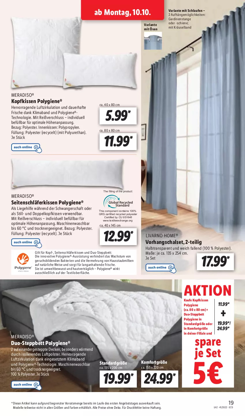 Aktueller Prospekt Lidl - Aktionsprospekt - von 10.10 bis 15.10.2022 - strona 21 - produkty: angebot, auer, bett, decke, dell, eis, elle, Ergee, Gardinen, kissen, kopfkissen, Laufen, Liege, mab, meradiso, Mode, reis, Ria, rwe, Schal, steppbett, Ti, Trockner, ZTE