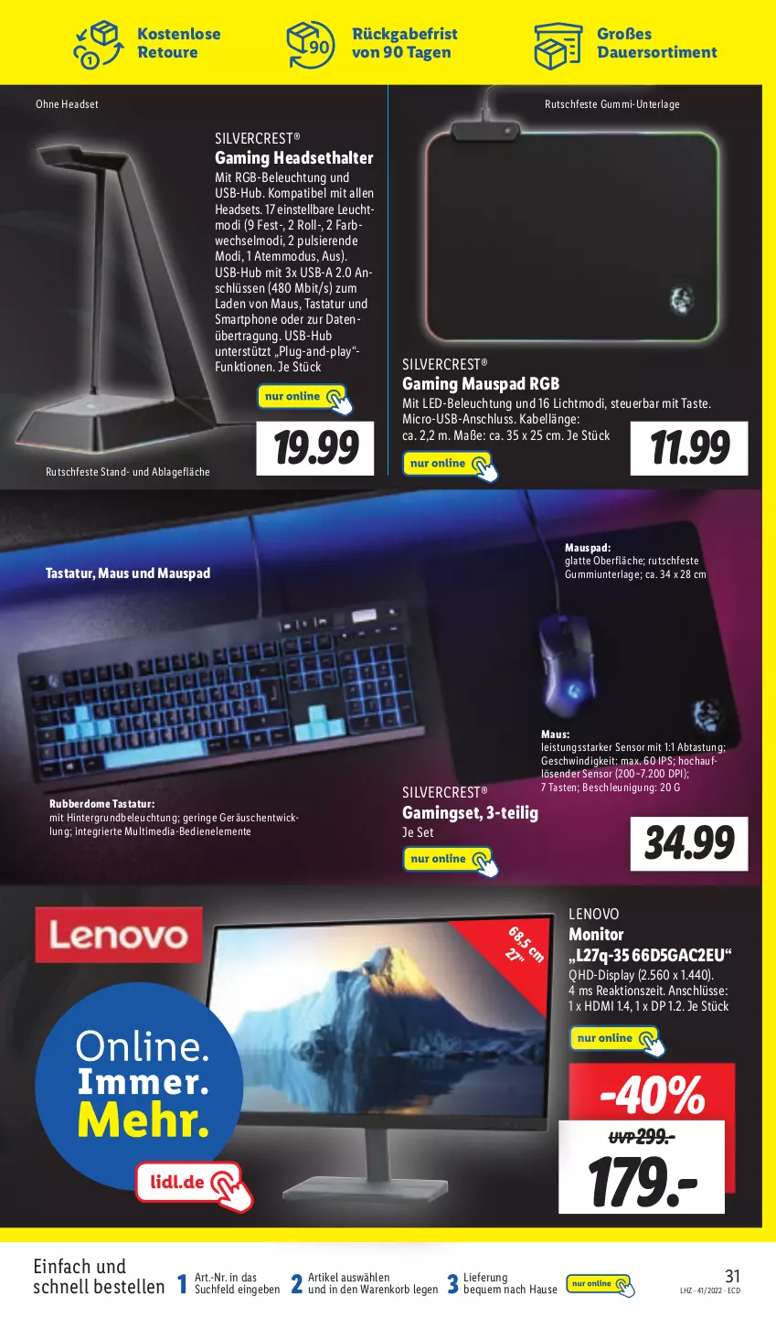 Aktueller Prospekt Lidl - Aktionsprospekt - von 10.10 bis 15.10.2022 - strona 33 - produkty: auer, beleuchtung, eis, elle, ente, gaming maus, HDMI, Headset, korb, latte, led-beleuchtung, lenovo, Maus, mit led-beleuchtung, monitor, ring, silvercrest, smartphone, Tastatur, Ti, usb, WICK