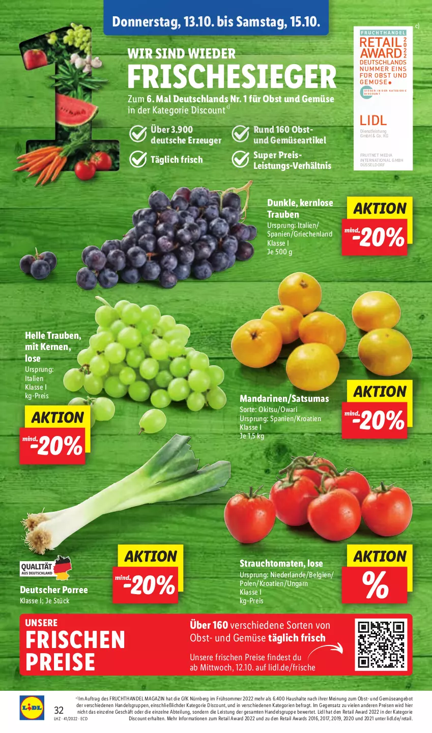 Aktueller Prospekt Lidl - Aktionsprospekt - von 10.10 bis 15.10.2022 - strona 34 - produkty: Abtei, angebot, discount, eis, elle, ente, frucht, LG, magazin, mandarine, mandarinen, obst, Obst und Gemüse, Rauch, reis, strauchtomaten, Ti, tomate, tomaten, trauben, und gemüse