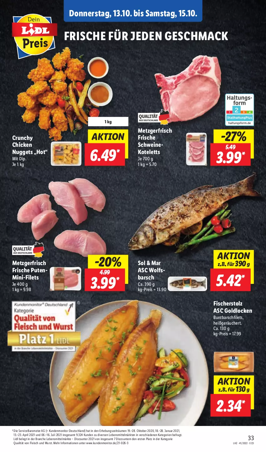 Aktueller Prospekt Lidl - Aktionsprospekt - von 10.10 bis 15.10.2022 - strona 35 - produkty: chicken nuggets, dip, discount, eis, filet, filets, fisch, fische, Fischer, fleisch, kotelett, lebensmittel, mac, monitor, nuggets, pril, pute, reis, schwein, schweine, schweinekotelett, Ti, wein, weine, wolfsbarsch, wurst