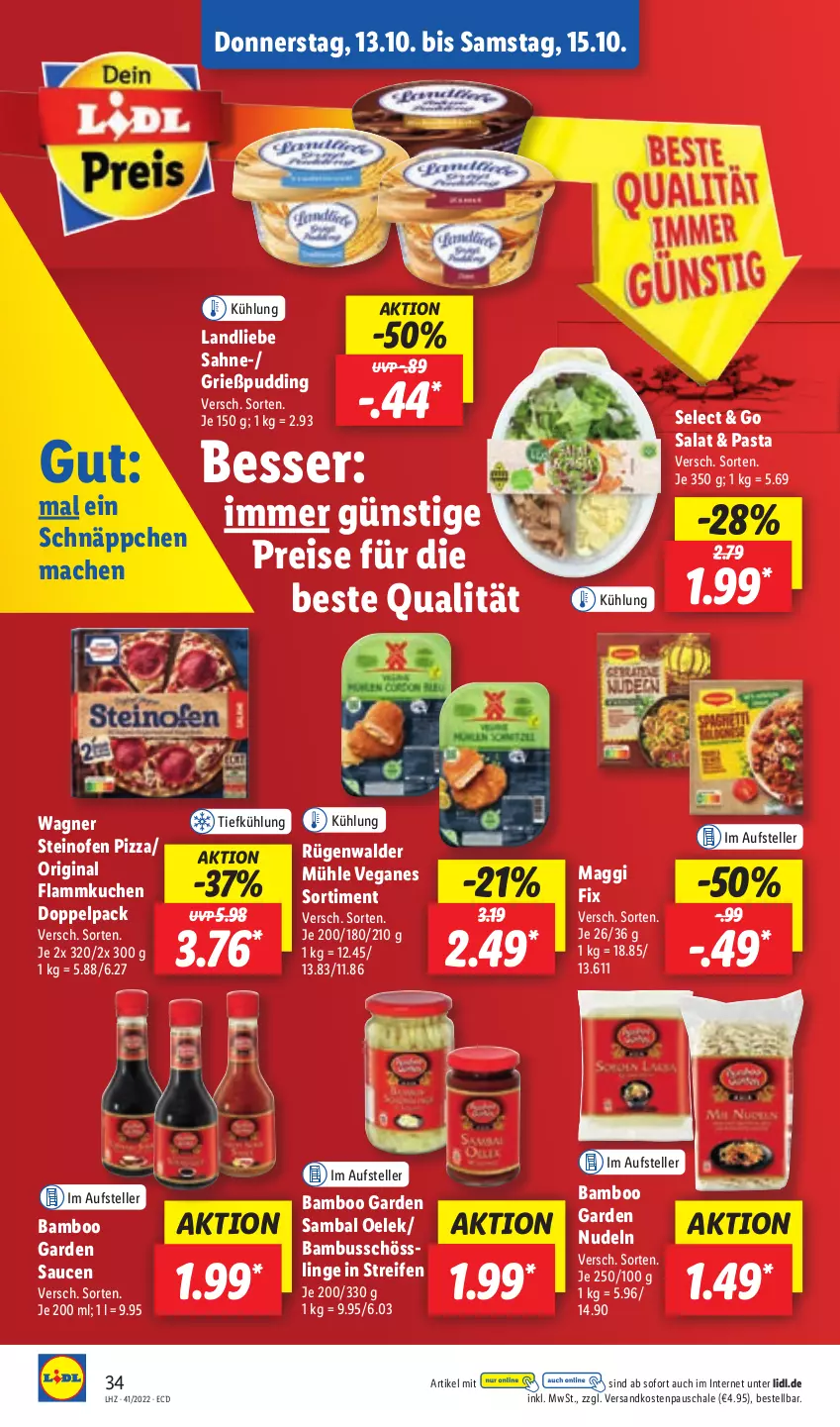 Aktueller Prospekt Lidl - Aktionsprospekt - von 10.10 bis 15.10.2022 - strona 36 - produkty: bamboo, bambus, eis, elle, flammkuchen, gin, Grießpudding, kuchen, lamm, landliebe, mac, maggi, maggi fix, ndk, nudel, nudeln, Ofen, pasta, pizza, pudding, reifen, reis, rügenwalder, rügenwalder mühle, sahne, salat, Sambal Oelek, sauce, saucen, Schal, Schale, schnäppchen, steinofen, steinofen pizza, teller, Ti, wagner