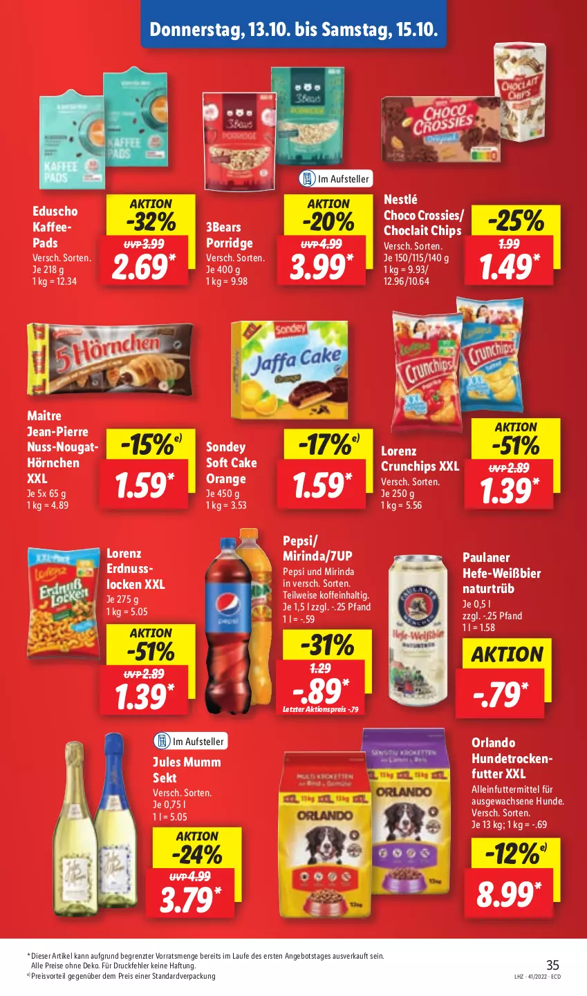 Aktueller Prospekt Lidl - Aktionsprospekt - von 10.10 bis 15.10.2022 - strona 37 - produkty: 7UP, aktionspreis, alleinfuttermittel, angebot, bier, chips, choclait chips, choco crossies, crossies, crunchips, eduscho, eis, elle, erdnuss, Hefe, hörnchen, jules mumm, kaffee, kaffeepads, lorenz, lorenz crunchips, Mirinda, mumm, natur, nestlé, nuss, orange, Paula, paulaner, pepsi, porridge, preisvorteil, reis, rind, sekt, Sondey, teller, Ti, trockenfutter, ZTE