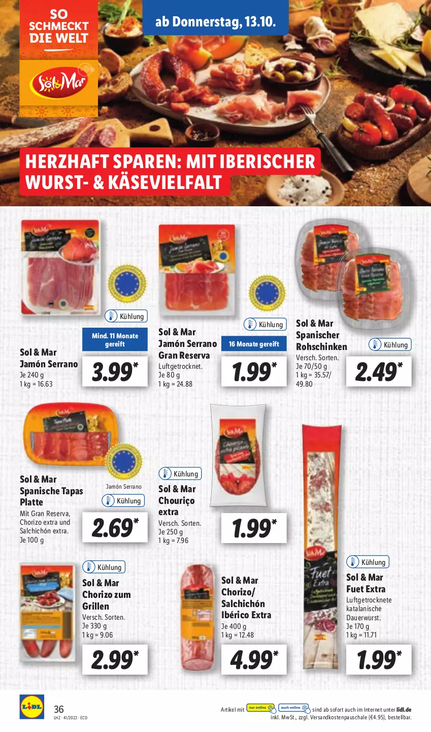 Aktueller Prospekt Lidl - Aktionsprospekt - von 10.10 bis 15.10.2022 - strona 38 - produkty: auer, chorizo, grill, jamón serrano, Käse, latte, ndk, rohschinken, Schal, Schale, schinken, serrano, Tapas, Ti, wurst