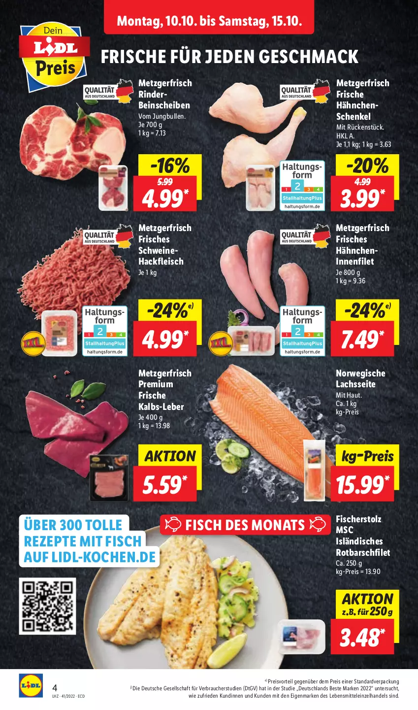 Aktueller Prospekt Lidl - Aktionsprospekt - von 10.10 bis 15.10.2022 - strona 4 - produkty: eis, filet, fisch, fische, Fischer, fleisch, Frische Hähnchen, hackfleisch, hähnchenschenkel, henkel, jungbullen, lachs, lebensmittel, mac, preisvorteil, Rauch, reis, rezept, rezepte, rind, rinder, Rotbarsch, rotbarschfilet, rwe, schenkel, schwein, schweine, Schweinehackfleisch, Ti, wein, weine