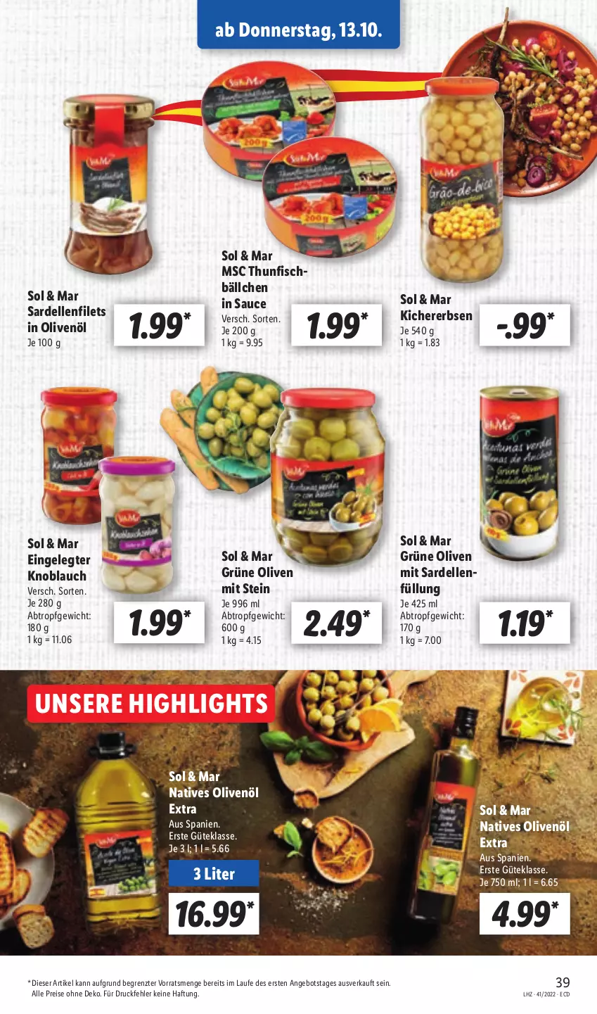 Aktueller Prospekt Lidl - Aktionsprospekt - von 10.10 bis 15.10.2022 - strona 41 - produkty: angebot, dell, eis, elle, erbsen, filet, filets, fisch, grüne oliven, in olivenöl, kichererbsen, knoblauch, natives olivenöl, olive, oliven, olivenöl, olivenöl extra, reis, Sardellen, sauce, thunfisch, Ti, ZTE