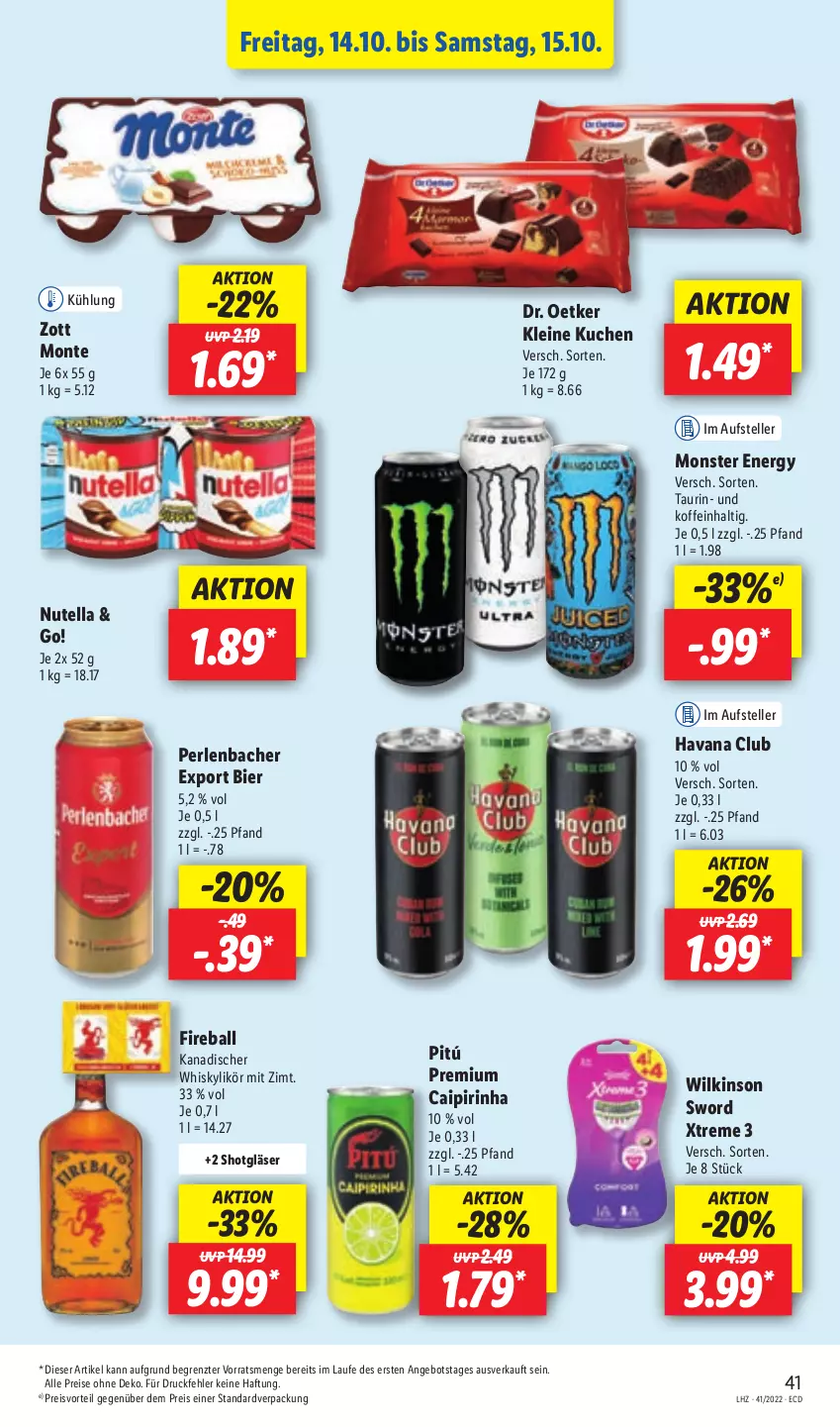 Aktueller Prospekt Lidl - Aktionsprospekt - von 10.10 bis 15.10.2022 - strona 43 - produkty: angebot, ball, bier, caipirinha, Dr. Oetker, eis, elle, Gläser, Havana Club, kuchen, leine, likör, monster, Monster Energy, monte, nutella, perlen, preisvorteil, reis, teller, Ti, whisky, wilkinson, zott, Zott Monte, ZTE