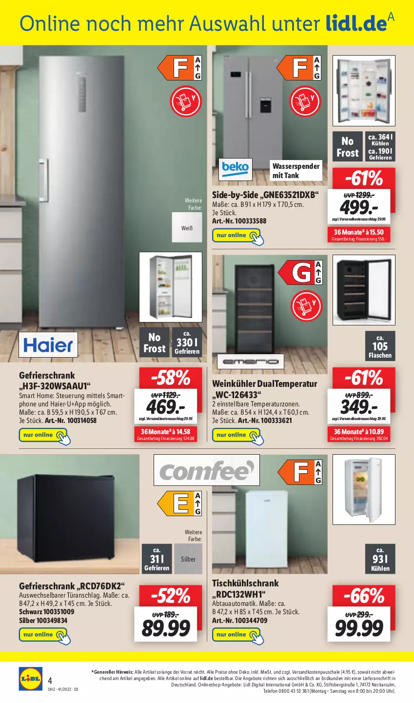 Aktueller Prospekt Lidl - Aktionsprospekt - von 10.10 bis 15.10.2022 - strona 48 - produkty: abtauautomatik, angebot, angebote, auto, eis, elle, flasche, gefrierschrank, Haier, K2, kühlschrank, ndk, reis, rel, Schal, Schale, Schrank, smartphone, telefon, Ti, tisch, uhr, wasser, wein