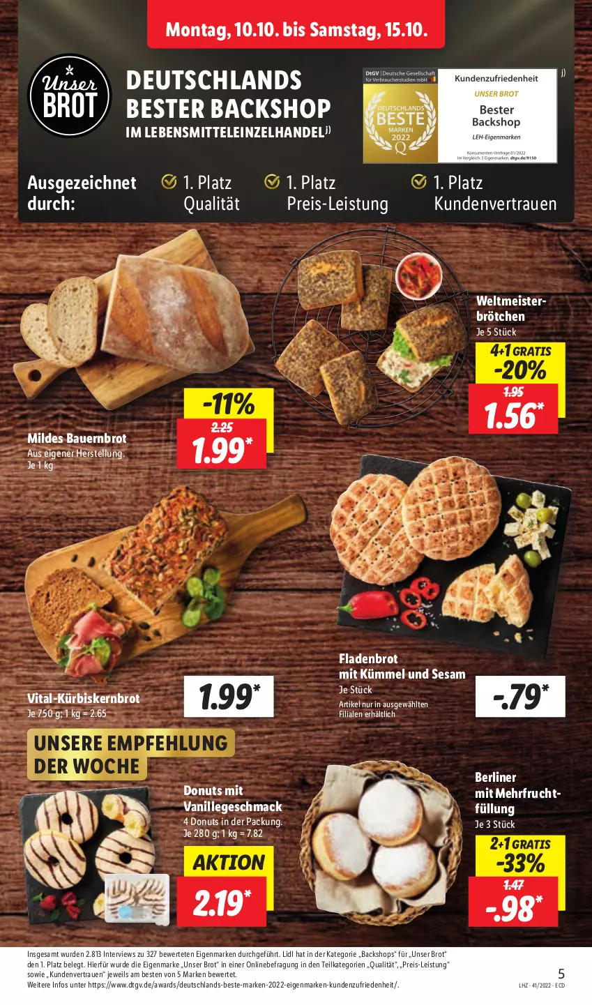 Aktueller Prospekt Lidl - Aktionsprospekt - von 10.10 bis 15.10.2022 - strona 5 - produkty: auer, Bau, Bauer, berliner, brot, brötchen, Donut, donuts, eis, Fladenbrot, frucht, Kürbis, lebensmittel, mac, Meister, reis, sesam, Ti, vanille, vita