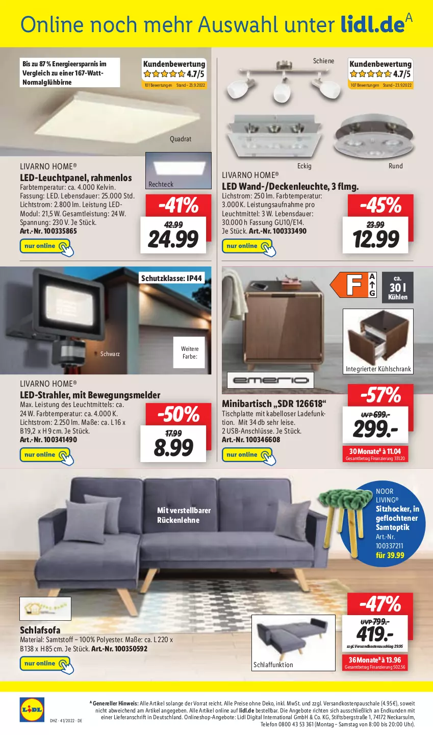 Aktueller Prospekt Lidl - Aktionsprospekt - von 10.10 bis 15.10.2022 - strona 54 - produkty: angebot, angebote, auer, Bartisch, decke, deckenleuchte, eis, elle, hocker, HP, kühlschrank, latte, Leuchte, leuchtmittel, LG, ndk, quad, reis, rel, Ria, rückenlehne, Schal, Schale, schlafsofa, Schrank, Sofa, telefon, Ti, tisch, tischplatte, uhr, usb