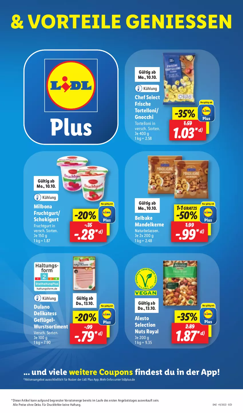 Aktueller Prospekt Lidl - Aktionsprospekt - von 10.10 bis 15.10.2022 - strona 9 - produkty: alesto, angebot, Bona, coupon, coupons, dulano, eis, frucht, Fruchtgurt, Geflügel, gnocchi, mandel, Milbona, natur, reis, Ti, torte, tortelloni, wurst, ZTE