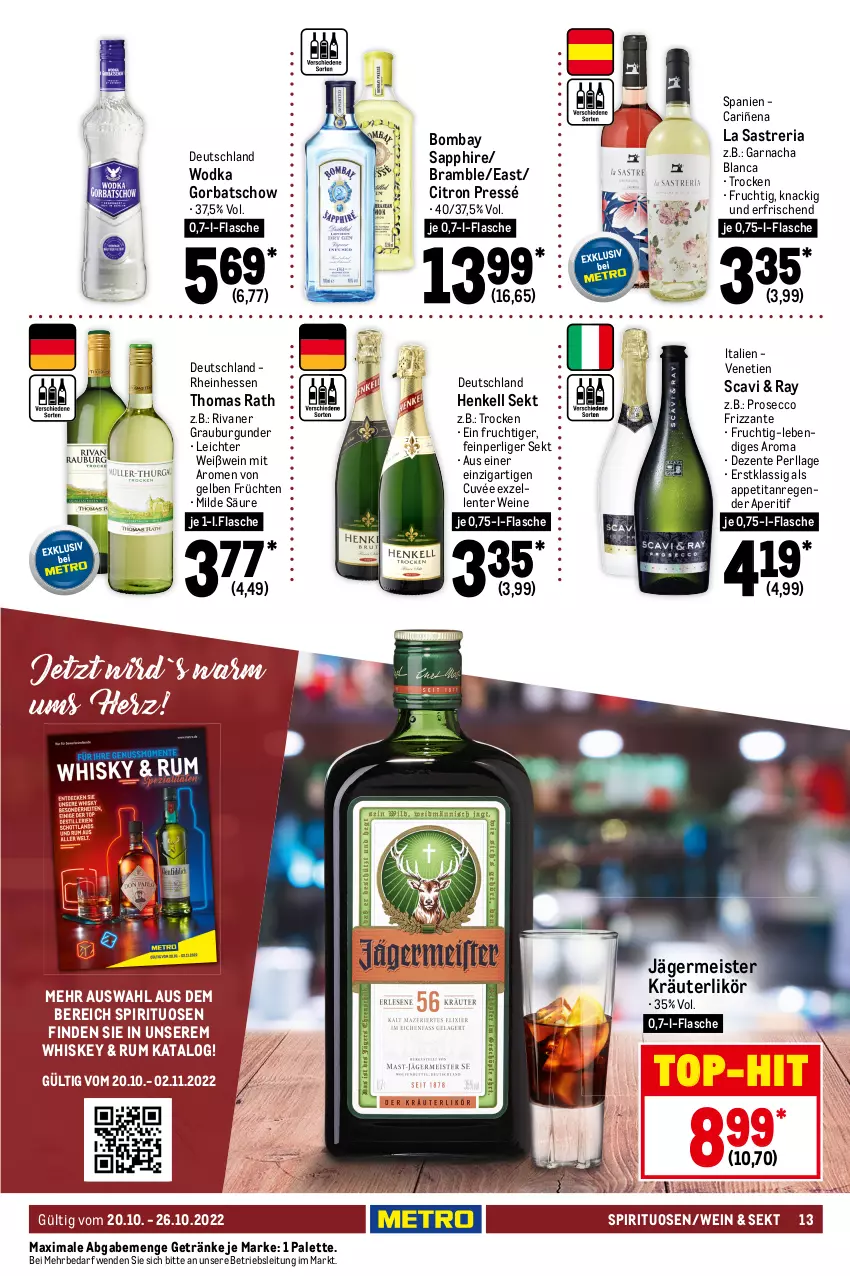 Aktueller Prospekt Metro - Food - von 20.10 bis 26.10.2022 - strona 13 - produkty: aperitif, auto, bio, bombay sapphire, burgunder, cuvée, duplo, ecco, eis, elle, ente, ferrero, Ferrero Küsschen, flasche, frizzante, frucht, früchte, früchten, Germ, getränk, getränke, Gorbatschow, grauburgunder, hanuta, henkel, henkell, henkell sekt, jägermeister, kaffee, Kinder, kräuter, kräuterlikör, LG, likör, lindt, Meister, Palette, pralinen, prosecco, reis, Ria, riegel, Rivaner, röstkaffee, rum, salz, sapphire, schoko, schokolade, sekt, spirituosen, Ti, tisch, top-hit, wein, weine, Weißwein, whiskey, wodka, Yo