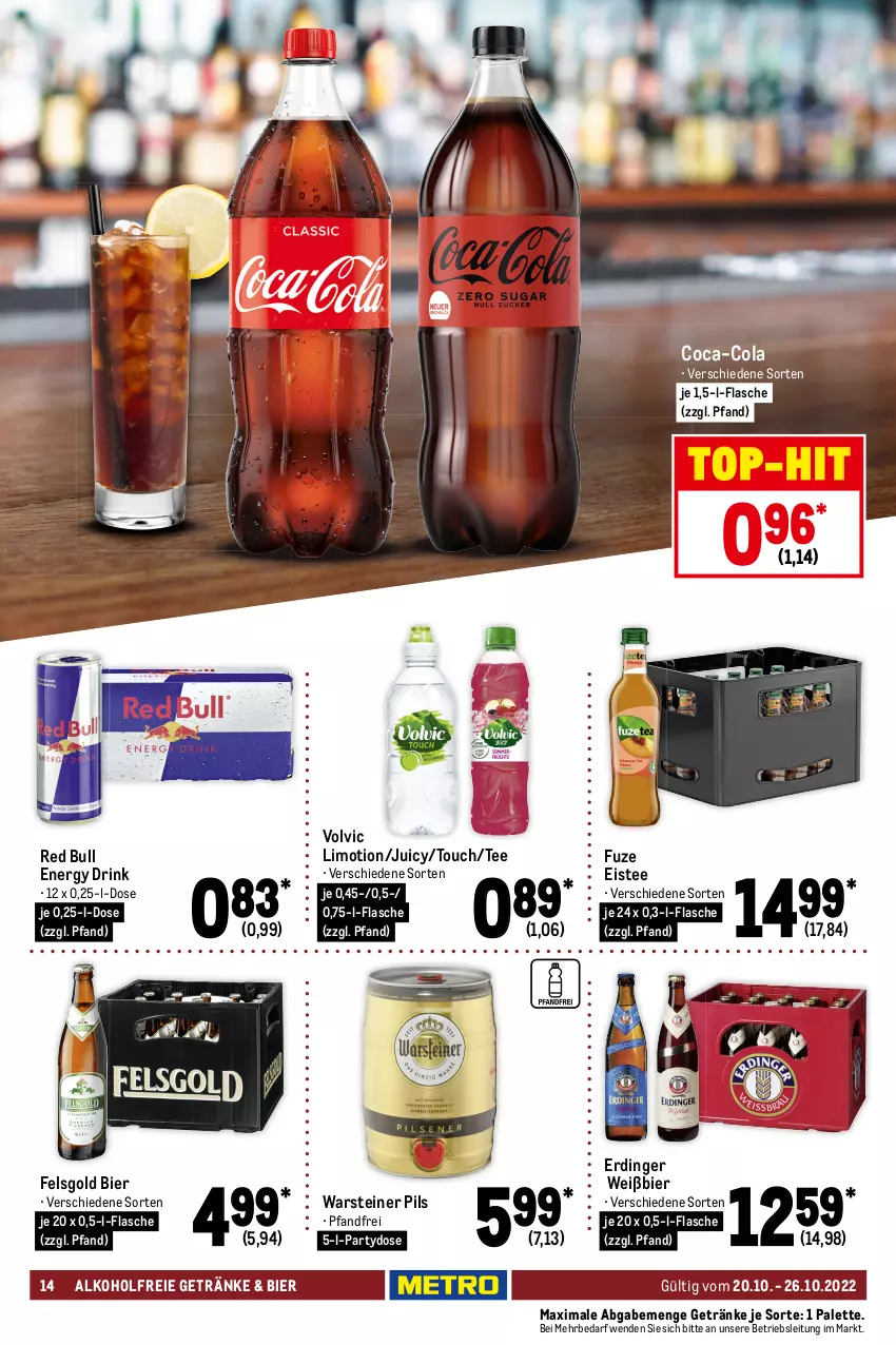 Aktueller Prospekt Metro - Food - von 20.10 bis 26.10.2022 - strona 14 - produkty: alkohol, alkoholfreie getränke, bier, coca-cola, cola, drink, eis, eistee, energy drink, erdinger, fairy, flasche, getränk, getränke, kosmetik, kraft, limo, Palette, persil, pils, power-gel, red bull, reiniger, reis, Softlan, spülmittel, steiner, Tasche, taschen, taschentücher, tee, Tempo, Ti, top-hit, tücher, vollwaschmittel, volvic, warsteiner, waschmittel, wc frisch, WC Frisch Kraft Aktiv, weichspüler