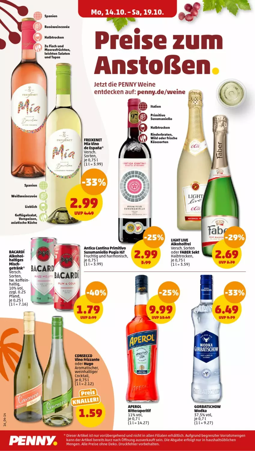 Aktueller Prospekt Penny - Prospekte - von 14.10 bis 19.10.2024 - strona 16 - produkty: alkohol, aperitif, aperol, cocktail, cola, decke, ecco, eis, fisch, Fisch und Meeresfrüchte, frucht, früchte, früchten, Geflügel, geflügelsalat, getränk, Gorbatschow, hugo, küche, LG, meeresfrüchte, primitivo, reis, rum, salat, salate, sekt, Tapas, Ti, tisch, vorspeise, wein, weine, Weißwein, wodka, ZTE