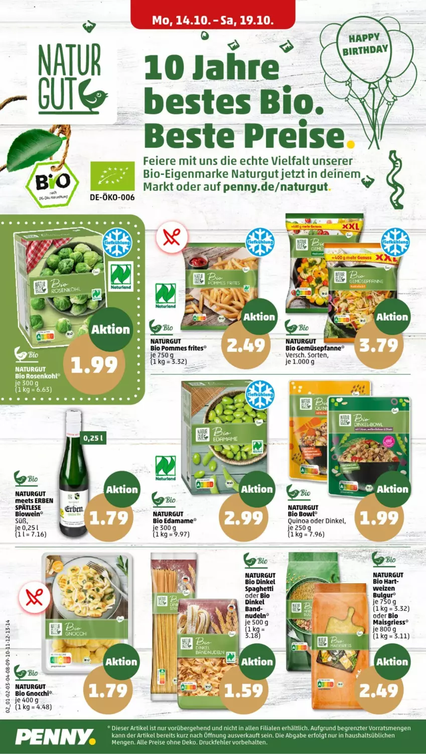 Aktueller Prospekt Penny - Prospekte - von 14.10 bis 19.10.2024 - strona 2 - produkty: bio, bio gemüse, bulgur, eier, eis, gnocchi, LG, mais, mam, natur, nudel, nudeln, pfanne, pommes, Pommes Frites, quinoa, reis, rosen, Rosenkohl, spaghetti, Ti, wein, ZTE