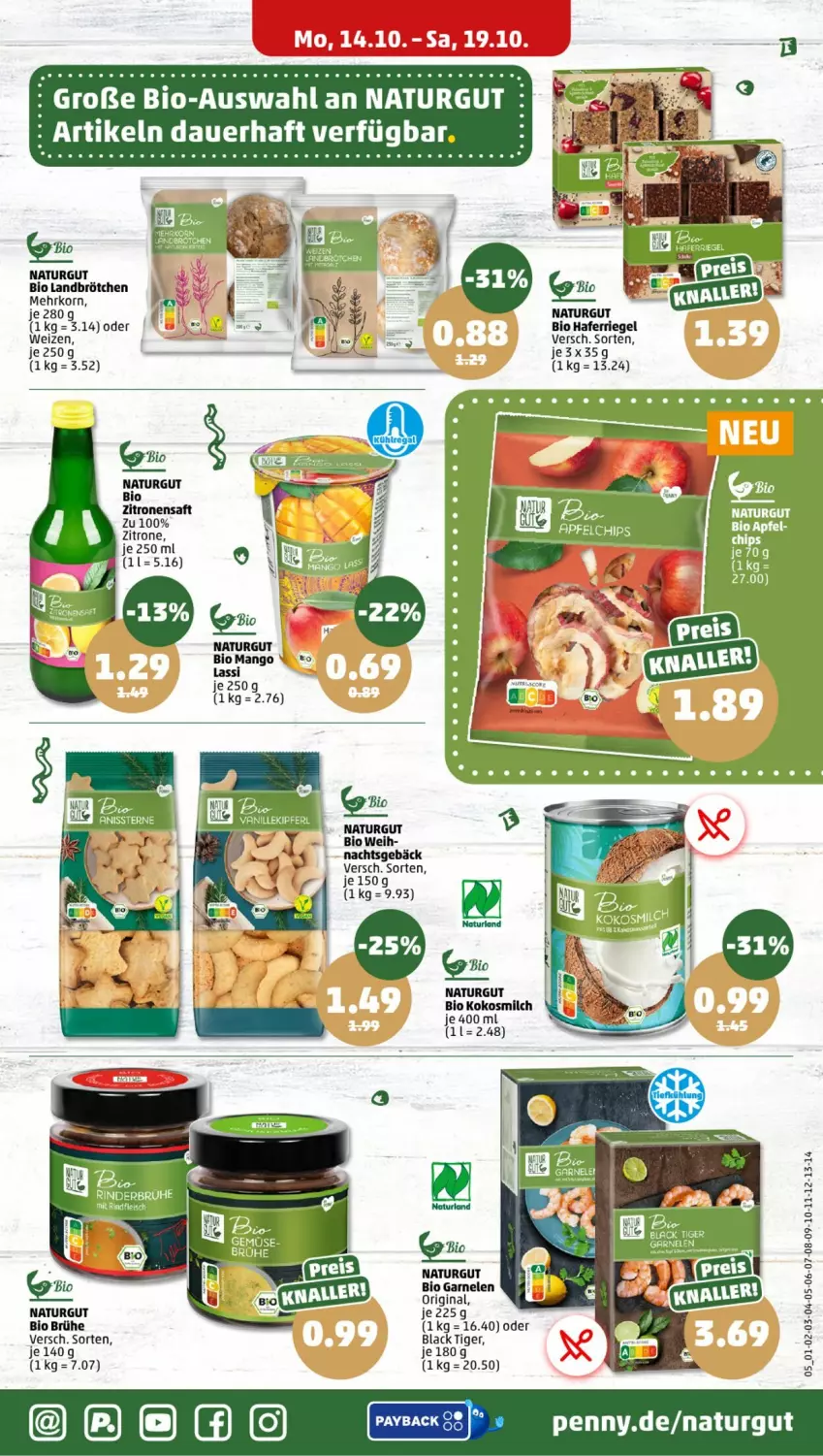 Aktueller Prospekt Penny - Prospekte - von 14.10 bis 19.10.2024 - strona 5 - produkty: auer, bio, brötchen, Brühe, garnelen, gin, hafer, kokos, kokosmilch, korn, lack, mango, milch, natur, riegel, rind, rinder, saft, Stier, Ti, zitrone, zitronen, zitronensaft