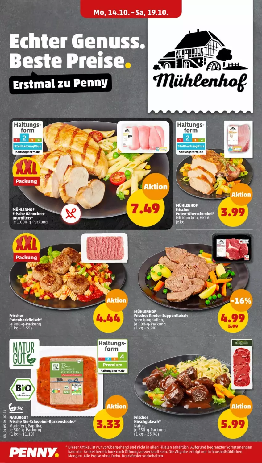 Aktueller Prospekt Penny - Prospekte - von 14.10 bis 19.10.2024 - strona 8 - produkty: bio, brustfilet, eis, filet, filets, fleisch, Frische Hähnchen, gulasch, hackfleisch, je 250-g-packung, jungbullen, LG, natur, paprika, pute, Putenhackfleisch, reis, Ria, Rückensteak, rückensteaks, schwein, schweine, steak, steaks, Ti, wein, weine, ZTE