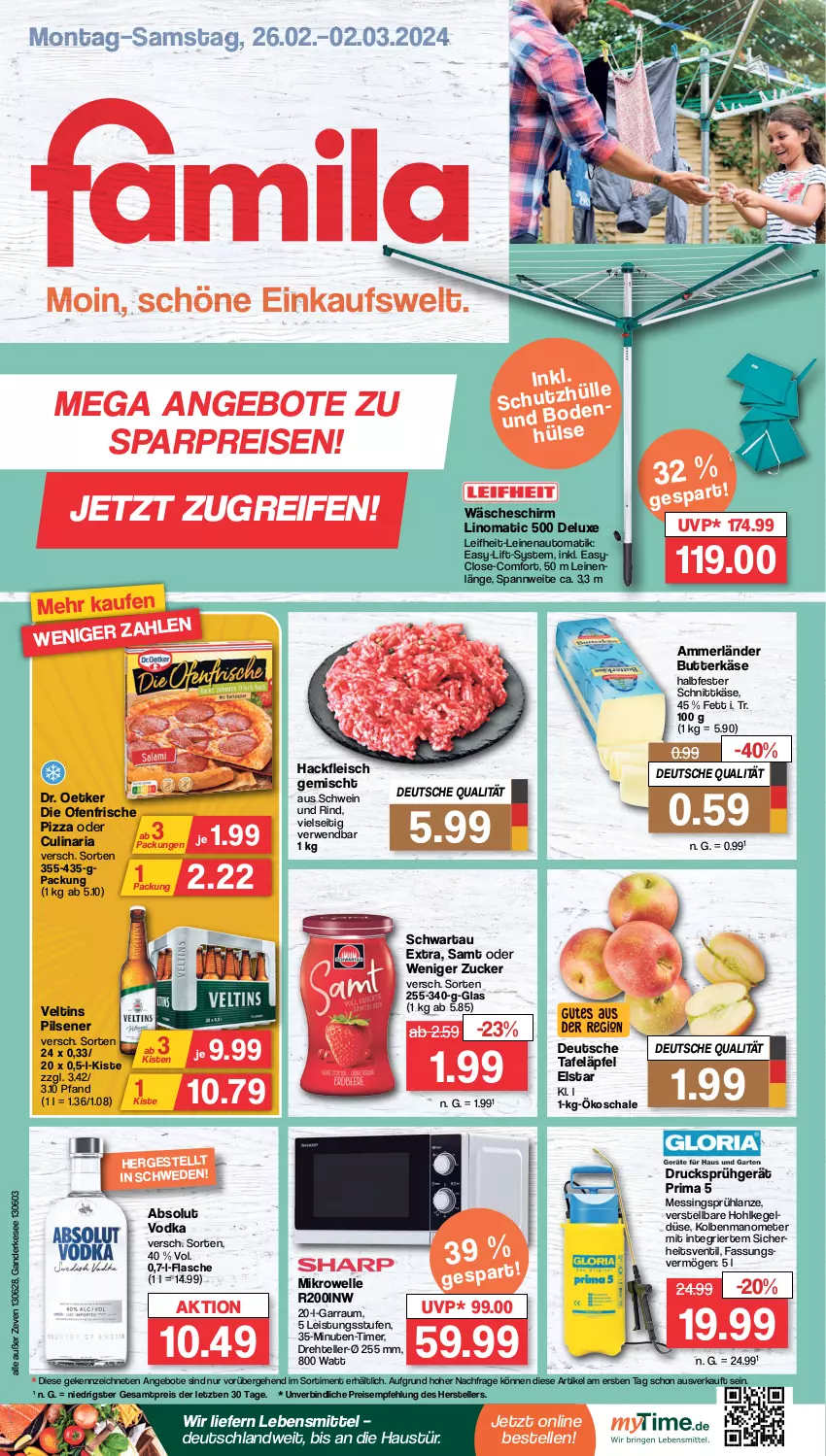 Aktueller Prospekt Famila - Prospekte - von 26.02 bis 02.03.2024 - strona 1 - produkty: Absolut Vodka, ammerländer, angebot, angebote, aust, auto, butter, butterkäse, culinaria, die ofenfrische, Dr. Oetker, eis, elle, flasche, fleisch, garraum, hackfleisch, hackfleisch gemischt, halbfester schnittkäse, Käse, lebensmittel, leifheit, leine, merl, mikrowelle, Ofen, pils, pilsener, pizza, reifen, reis, Ria, rind, rwe, Schal, Schale, schnittkäse, Schwartau, schwein, schwein und rind, tafeläpfel, teller, Ti, timer, veltins, veltins pilsener, vodka, wäscheschirm, wein, ZTE, zucker