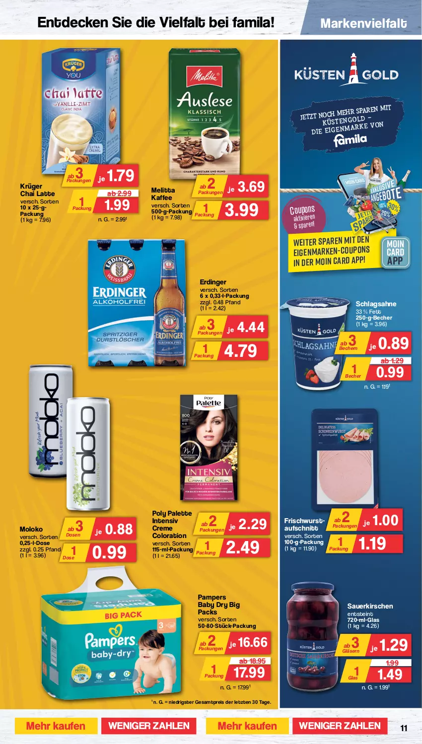 Aktueller Prospekt Famila - Prospekte - von 26.02 bis 02.03.2024 - strona 11 - produkty: auer, aufschnitt, Becher, coupon, coupons, creme, decke, eis, erdinger, Gläser, kaffee, kirsch, kirsche, kirschen, krüger, latte, melitta, Palette, pampers, pampers baby dry, reis, sahne, sauerkirschen, schlagsahne, Ti, wurst, ZTE