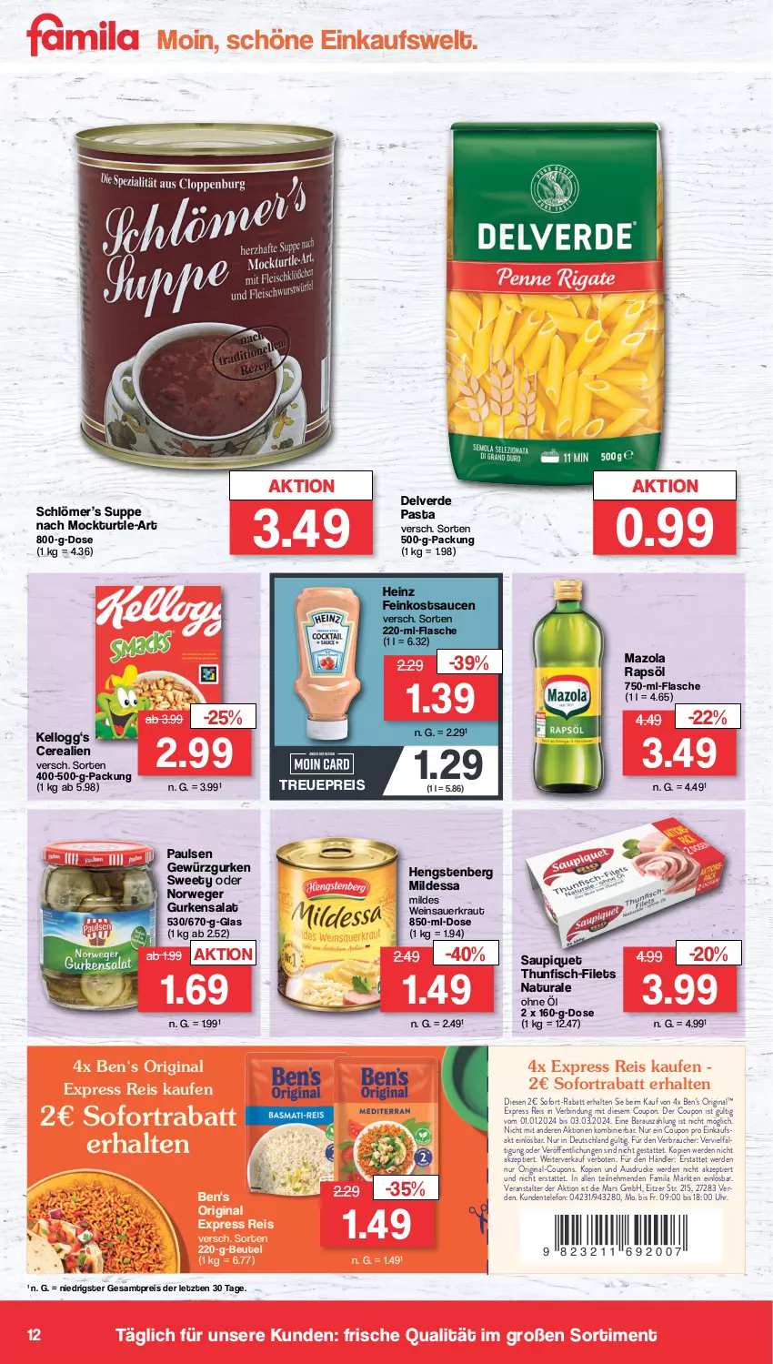 Aktueller Prospekt Famila - Prospekte - von 26.02 bis 02.03.2024 - strona 12 - produkty: auer, Ben’s Original, beutel, cerealien, coupon, coupons, eis, ente, erde, feinkost, filet, filets, fisch, flasche, gewürz, Gewürzgurke, gewürzgurken, gin, gurke, gurken, gurkensalat, heinz, hengstenberg, Kellogg‘s, Kraut, mars, mazola, natur, natura, pasta, rapsöl, Rauch, reis, rwe, salat, sauce, saucen, Sauerkraut, saupiquet, sofort-rabatt, sofortrabatt, suppe, telefon, thunfisch, Ti, uhr, wein, Weinsauerkraut, ZTE