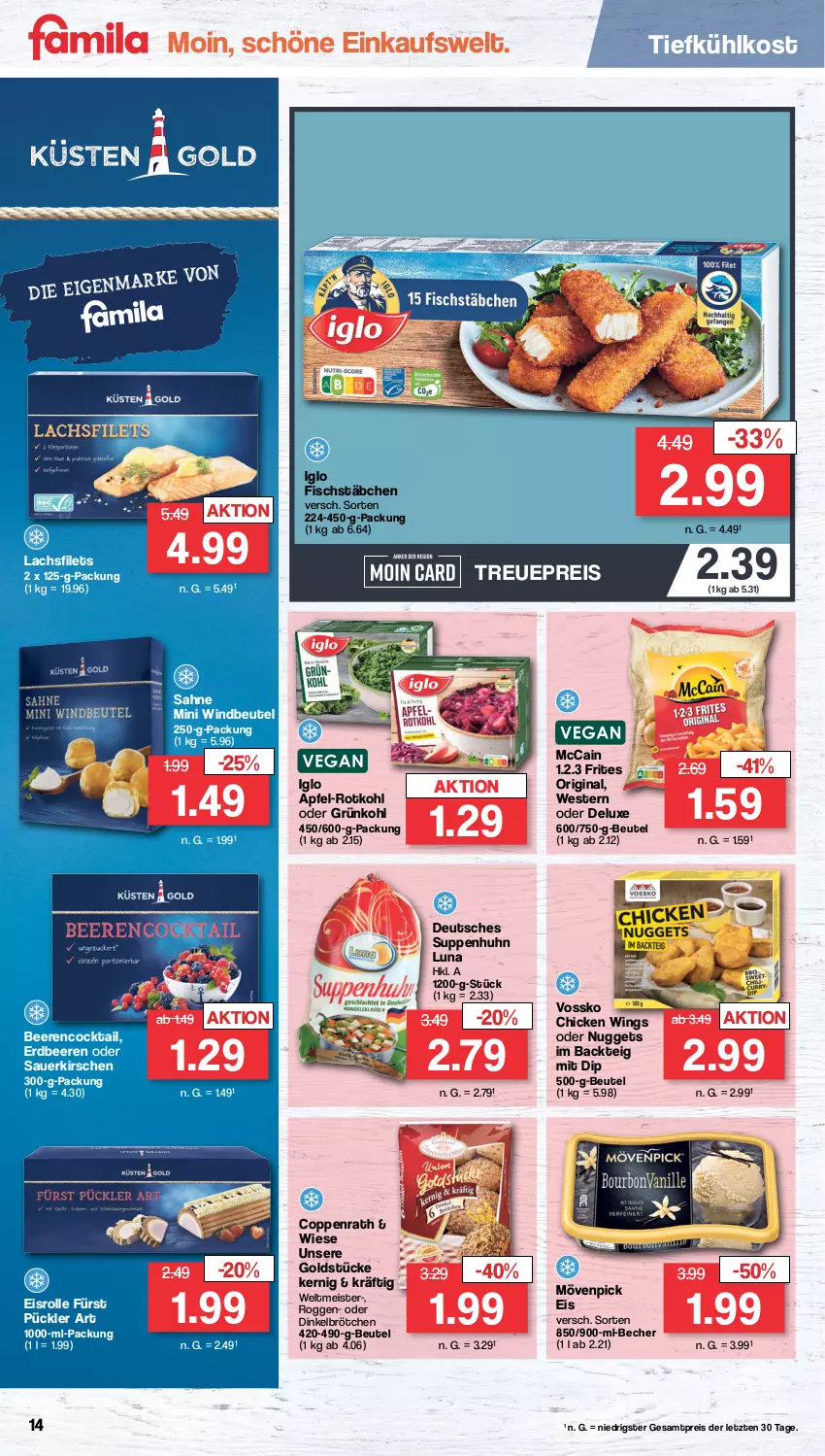 Aktueller Prospekt Famila - Prospekte - von 26.02 bis 02.03.2024 - strona 14 - produkty: apfel, auer, Becher, beere, beeren, beutel, brötchen, chicken wings, cocktail, coppenrath, dinkelbrötchen, dip, eis, erdbeere, erdbeeren, filet, filets, fisch, fischstäbchen, gin, Goldstücke, iglo, kirsch, kirsche, kirschen, lachs, lachsfilet, lachsfilets, mccain, Meister, mövenpick, mövenpick eis, nuggets, reis, rotkohl, sahne, sauerkirschen, suppe, suppen, Suppenhuhn, Ti, tiefkühlkost, vossko, Weste, Windbeutel, ZTE