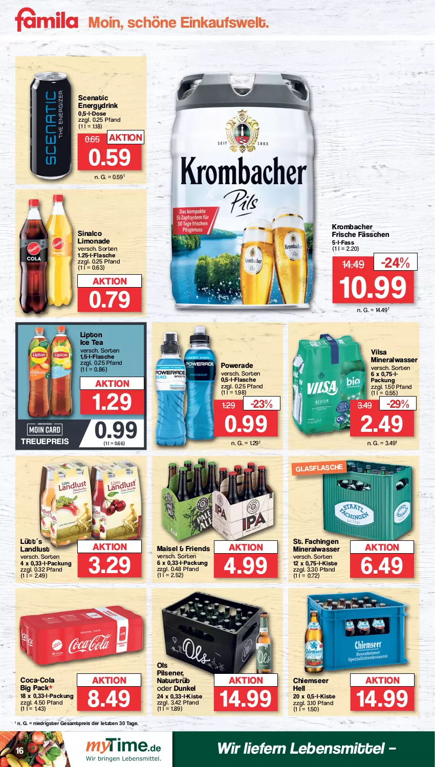 Aktueller Prospekt Famila - Prospekte - von 26.02 bis 02.03.2024 - strona 16 - produkty: Alwa, coca-cola, cola, drink, eis, flasche, glasflasche, ice tea, krombache, krombacher, lebensmittel, limo, limonade, lipton, lipton ice tea, mais, mineralwasser, natur, pils, pilsener, reis, sinalco, Ti, vilsa, wasser, ZTE