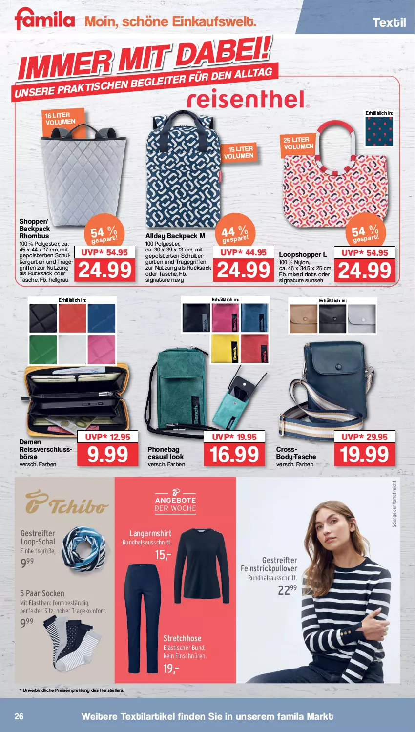 Aktueller Prospekt Famila - Prospekte - von 26.02 bis 02.03.2024 - strona 26 - produkty: asti, body, eis, elle, hose, Langarmshirt, LG, natur, Pullover, reis, reiss, rucksack, sac, Schal, shirt, socken, Strickpullover, Tasche, teller, Ti, tisch, tragegriff