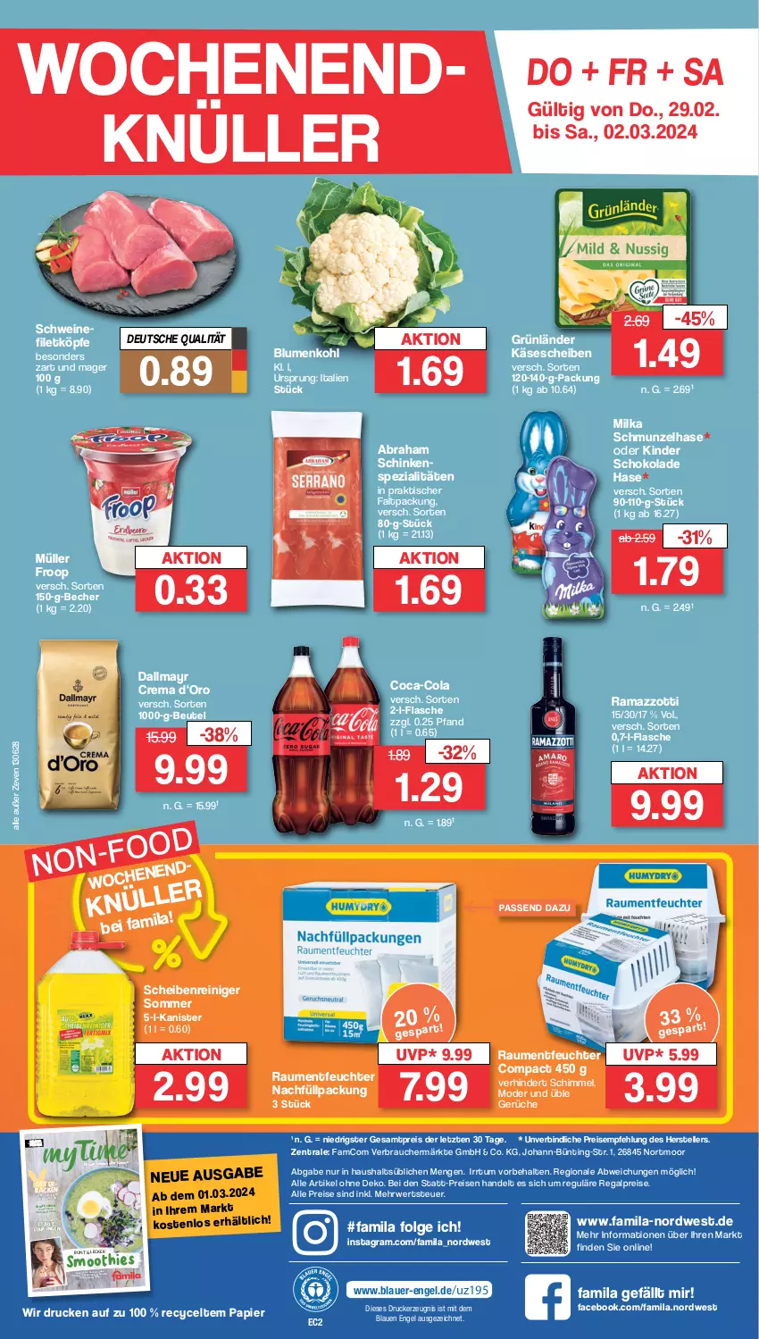 Aktueller Prospekt Famila - Prospekte - von 26.02 bis 02.03.2024 - strona 28 - produkty: auer, Becher, beutel, blume, blumen, blumenkohl, coca-cola, cola, dallmayr, drink, drinks, drucker, eis, elle, Engel, filet, flasche, froop, frucht, grünländer, Käse, käsescheiben, kerze, Kinder, kinder schokolade, LG, mac, milka, mit frucht, Mode, Müller, müller froop, ndk, nuss, papier, rama, ramazzott, ramazzotti, Rauch, regal, reiniger, reis, rwe, Scheibenreiniger, schinken, schoko, schokolade, schwein, schweine, smoothie, smoothies, Spezi, teller, Ti, tisch, torte, uhr, wein, weine, zott, ZTE