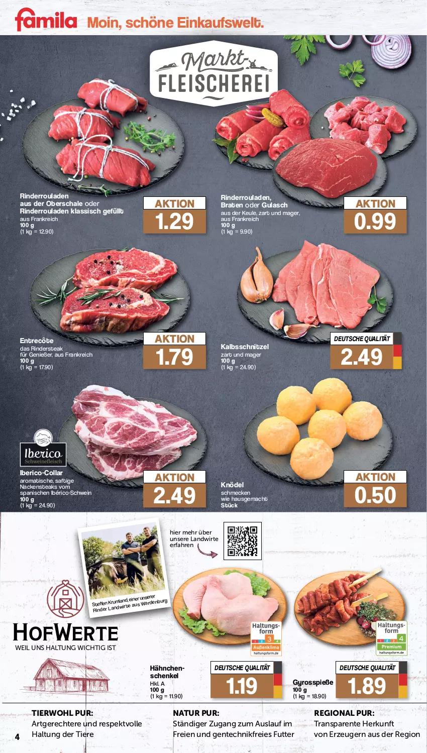 Aktueller Prospekt Famila - Prospekte - von 26.02 bis 02.03.2024 - strona 4 - produkty: braten, ente, entrecôte, gulasch, gyros, henkel, kalbsschnitzel, Knödel, mac, Nackensteak, nackensteaks, natur, rind, rinder, Rinderroulade, rinderrouladen, Rindersteak, rouladen, saft, Schal, Schale, schenkel, schnitzel, schwein, steak, steaks, Ti, Tiere, tisch, wein