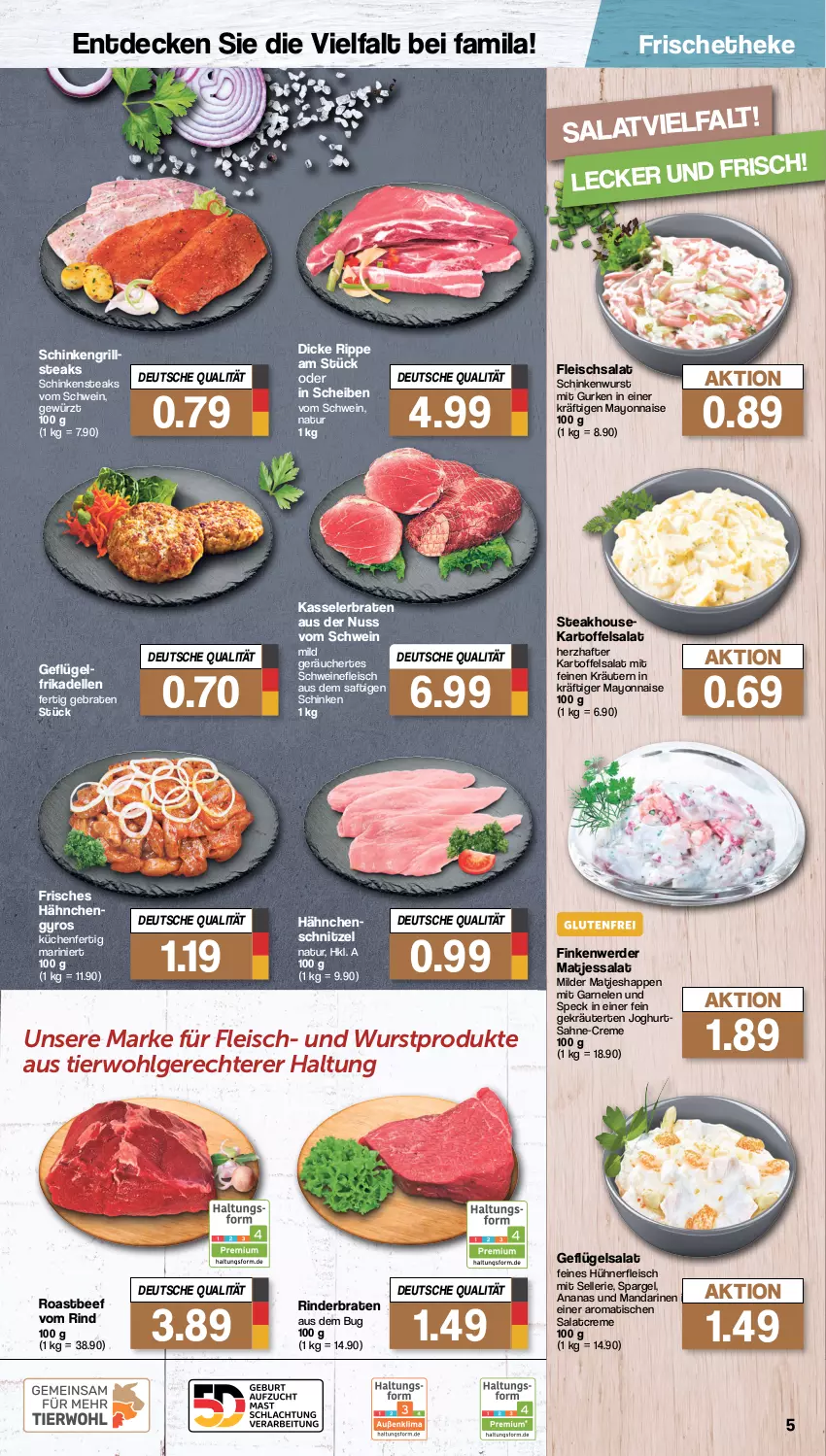 Aktueller Prospekt Famila - Prospekte - von 26.02 bis 02.03.2024 - strona 5 - produkty: ananas, beef, braten, creme, decke, dell, eis, elle, erde, fleisch, fleischsalat, frikadellen, garnelen, Geflügel, geflügelsalat, gewürz, grill, gurke, gurken, gyros, hühner, joghur, joghurt, kartoffel, kartoffelsalat, kasseler, Kasselerbraten, kräuter, kräutern, küche, Küchen, LG, mandarine, mandarinen, matjes, mayonnaise, natur, nerf, nuss, rind, rinder, rinderbraten, roastbeef, saft, sahne, salat, salatcreme, schinken, Schinkensteak, schinkenwurst, schnitzel, schwein, schweine, schweinefleisch, spargel, Speck, steak, steaks, Ti, tisch, wein, weine, wurst, Yo