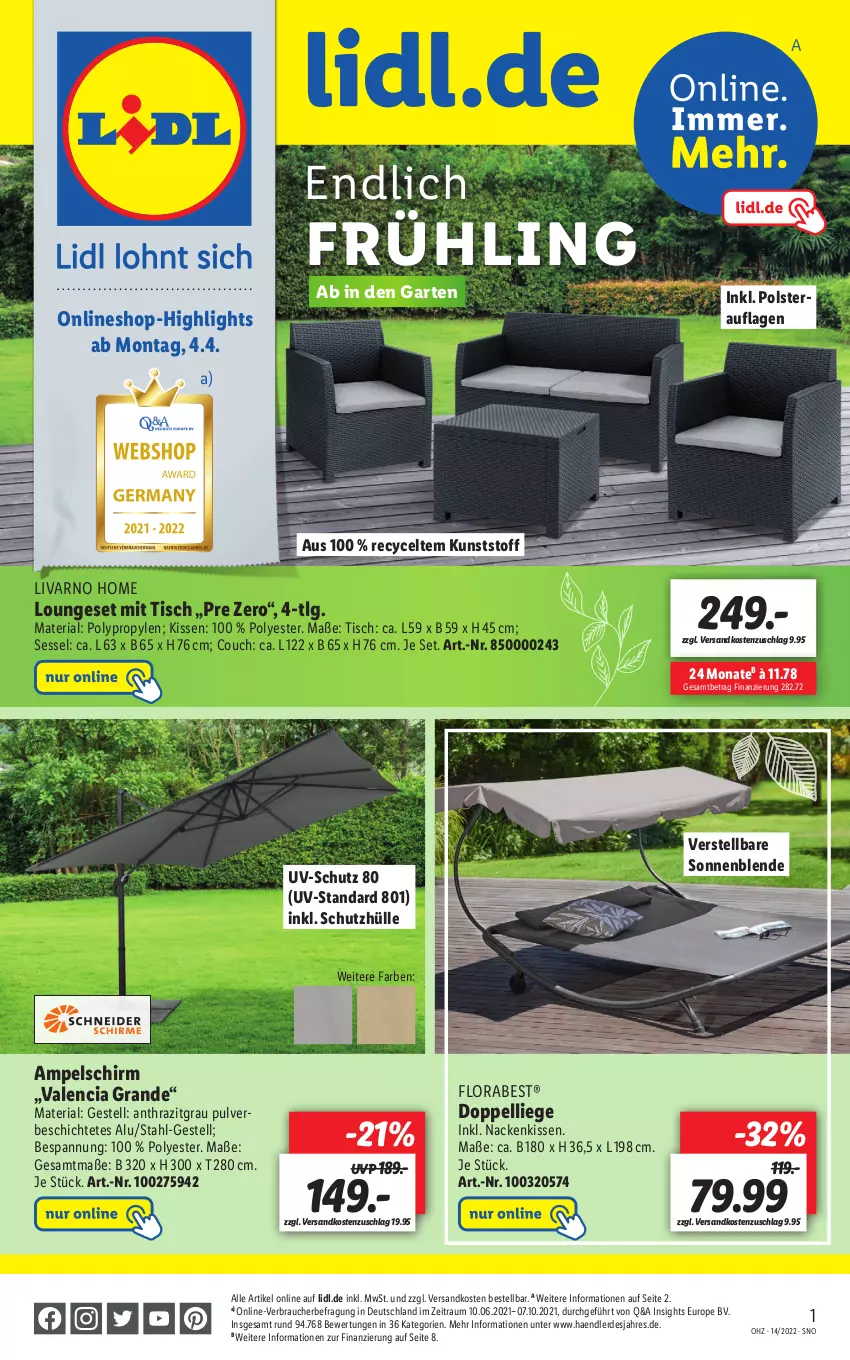 Aktueller Prospekt Lidl - Aktuelle Onlineshop-Highlights - von 04.04 bis 10.04.2022 - strona 1 - produkty: ampelschirm, Couch, erde, florabest, Garten, kissen, LG, Liege, loungeset, nackenkissen, ndk, Rauch, Ria, schutzhülle, sessel, Ti, tisch, uv-schutz