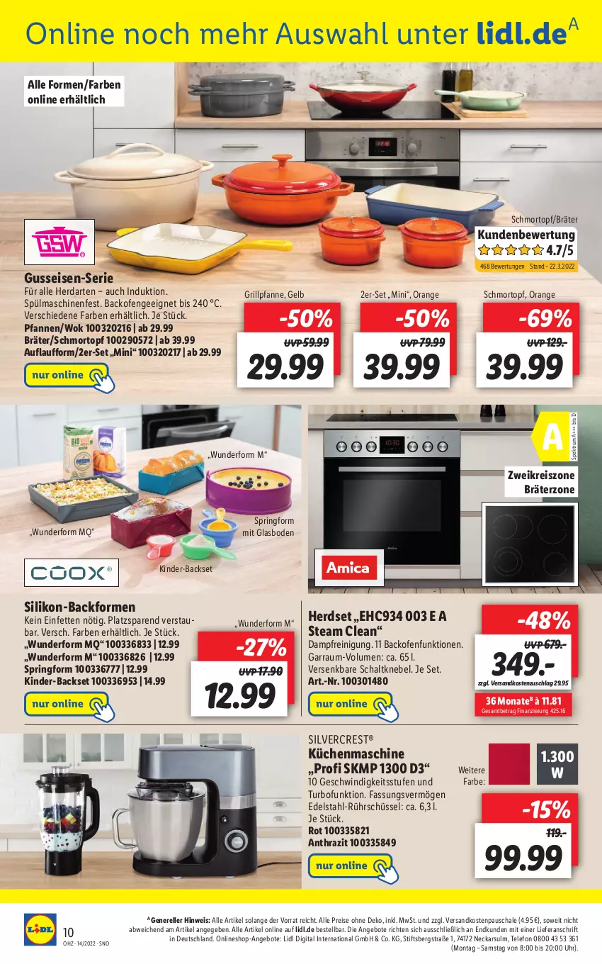 Aktueller Prospekt Lidl - Aktuelle Onlineshop-Highlights - von 04.04 bis 10.04.2022 - strona 10 - produkty: angebot, angebote, Backform, backofen, edelstahl, eis, elle, garraum, grill, Grillpfanne, herdarten, herdset, Kinder, küche, Küchen, küchenmaschine, ndk, Ofen, orange, pfanne, pfannen, Reinigung, reis, rel, ring, Rührschüssel, rum, Schal, Schale, schüssel, silvercrest, Spektrum, Springform, spülmaschinen, telefon, Ti, topf, uhr, wok