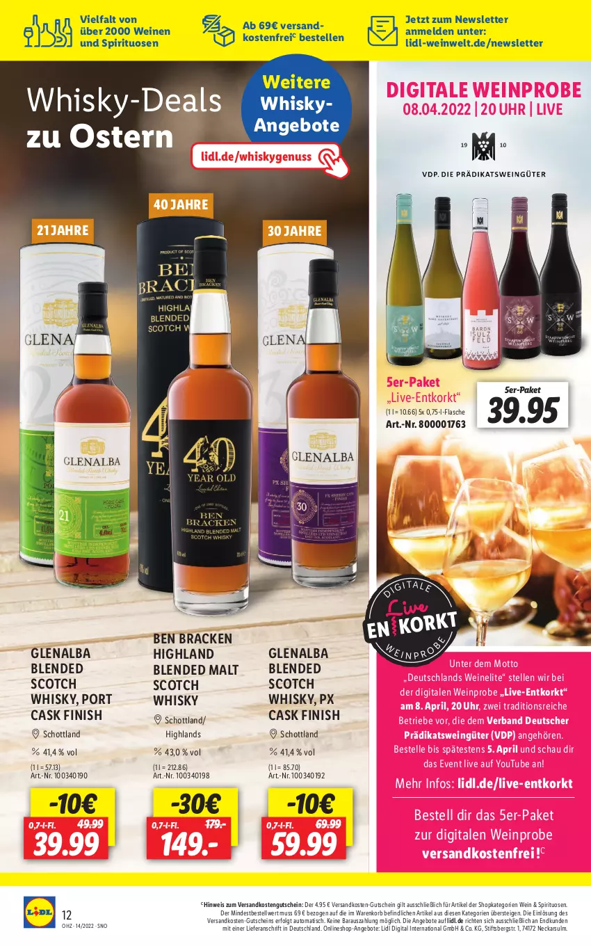 Aktueller Prospekt Lidl - Aktuelle Onlineshop-Highlights - von 04.04 bis 10.04.2022 - strona 12 - produkty: angebot, angebote, auto, blended scotch, blended scotch whisky, eis, elle, Finish, flasche, gutschein, korb, LG, ndk, nuss, pril, schott, scotch, scotch whisky, spirituosen, Ti, tisch, uhr, versandkostenfrei, wein, weine, whisky, Yo