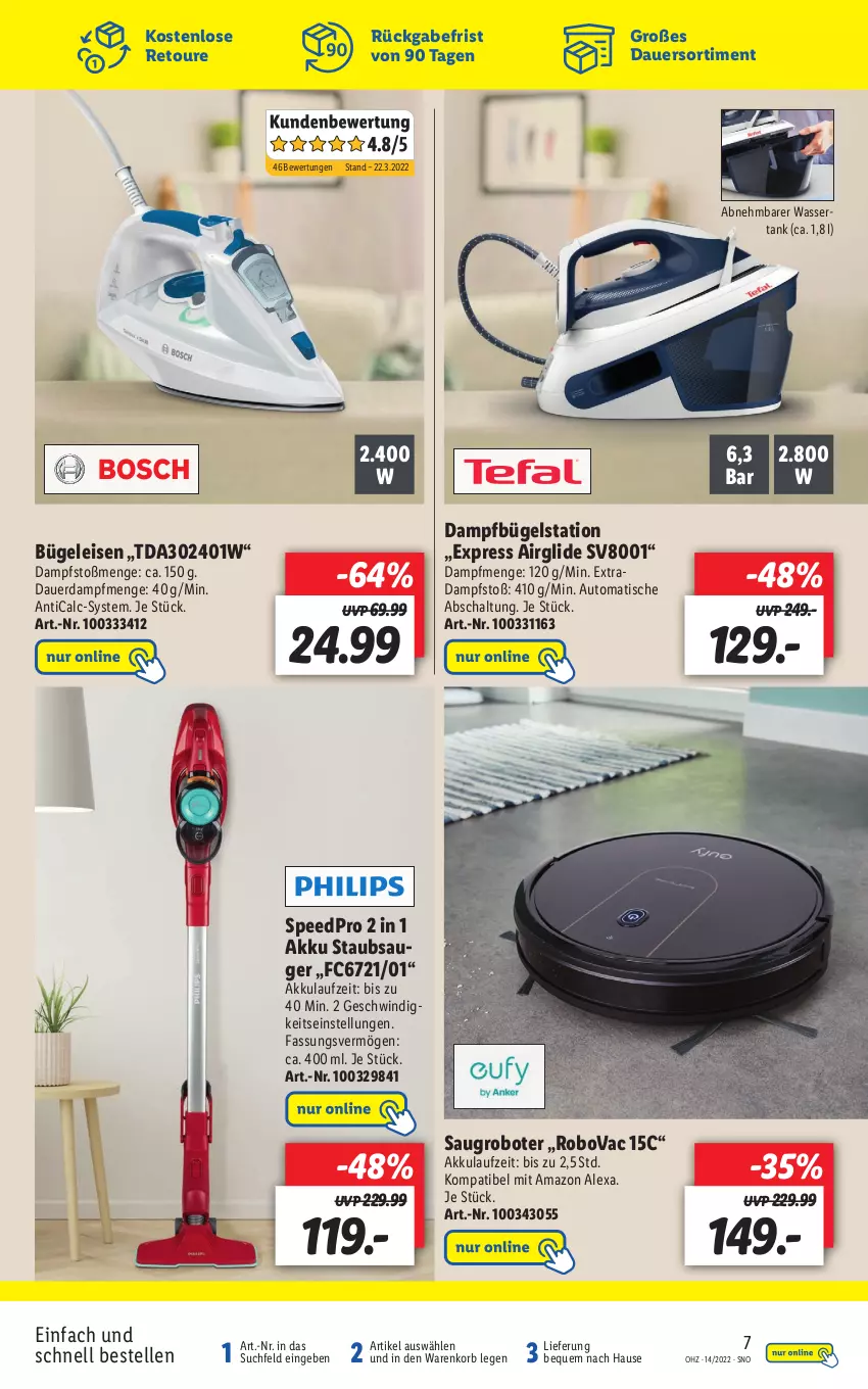 Aktueller Prospekt Lidl - Aktuelle Onlineshop-Highlights - von 04.04 bis 10.04.2022 - strona 7 - produkty: akku, alexa, amazon alexa, auer, auto, bügel, Bügeleisen, Bügelstation, dampfbügelstation, eis, elle, korb, Saugroboter, Schal, spee, staubsauger, Ti, tisch, wasser, wassertank