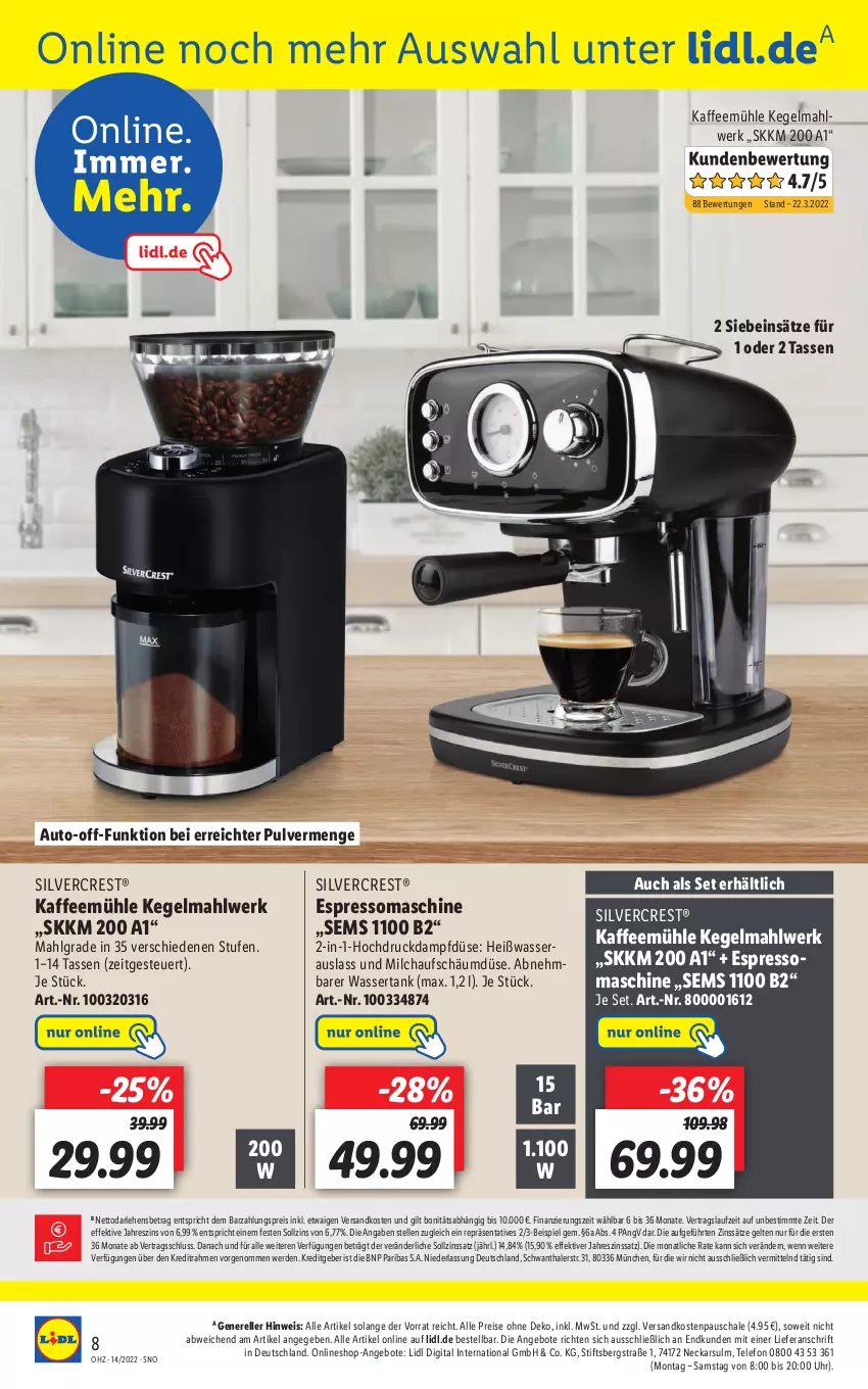 Aktueller Prospekt Lidl - Aktuelle Onlineshop-Highlights - von 04.04 bis 10.04.2022 - strona 8 - produkty: angebot, angebote, auto, eis, elle, erde, espresso, kaffee, Kaffeemühle, LG, milch, ndk, reis, rel, Schal, Schale, silvercrest, tasse, telefon, Ti, uhr, wasser, wassertank