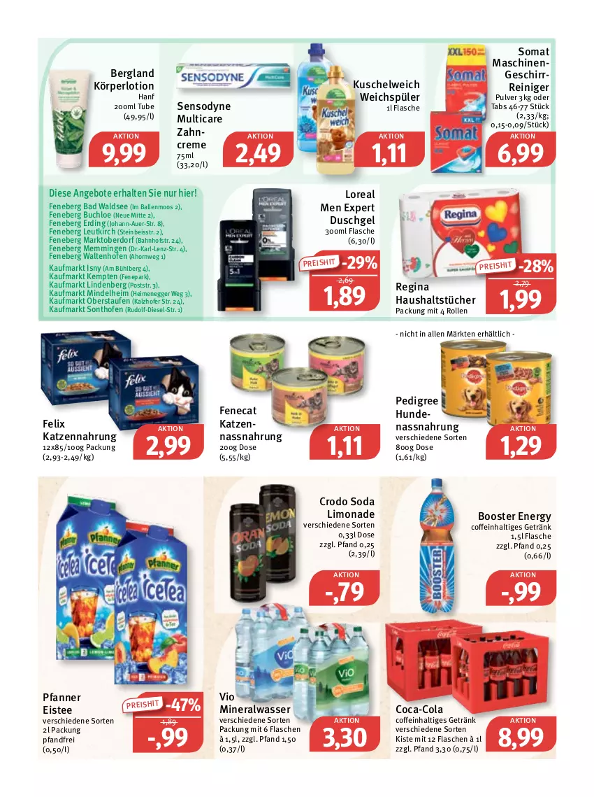 Aktueller Prospekt Feneberg - Prospekte - von 23.06 bis 25.06.2022 - strona 11 - produkty: Alwa, angebot, angebote, auer, Bad, ball, buch, chloe, coca-cola, coffein, cola, creme, Diesel, duschgel, Egger, eis, eistee, emmi, felix, flasche, geschirr, getränk, gin, haushaltstücher, katzennahrung, Körperlotion, Kuschelweich, limo, limonade, loreal, Lotion, mineralwasser, Nassnahrung, Ofen, pedigree, pfanne, Pfanner, reiniger, reis, sensodyne, Soda, somat, tee, Ti, tücher, wasser, weichspüler, zahncreme