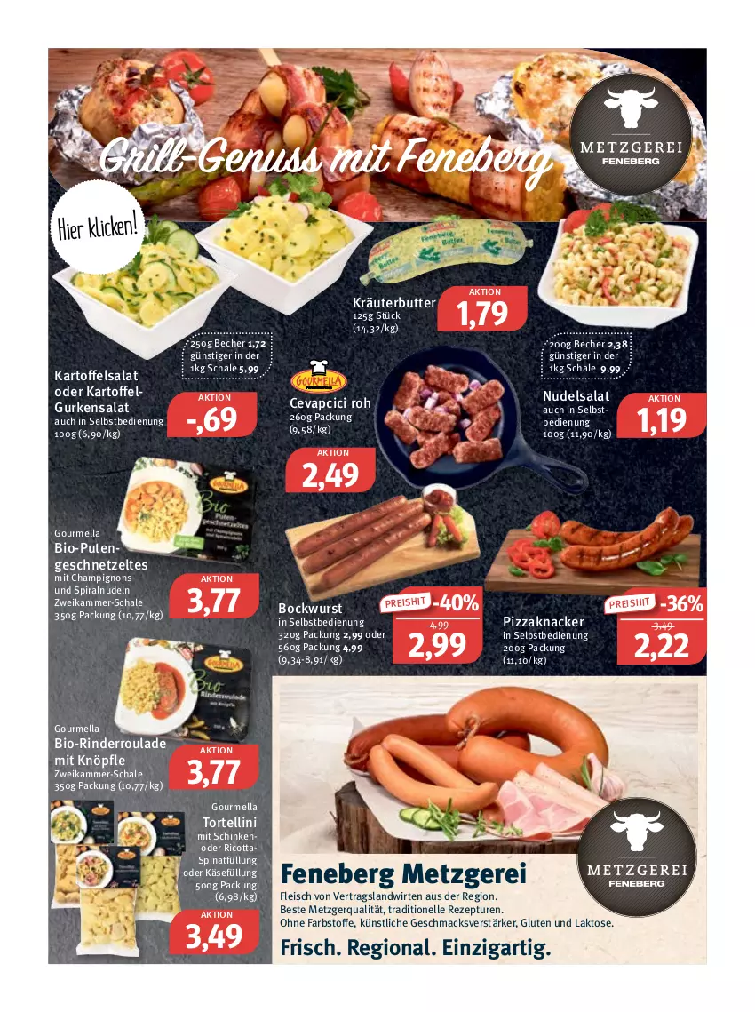 Aktueller Prospekt Feneberg - Prospekte - von 23.06 bis 25.06.2022 - strona 3 - produkty: Becher, bio, bockwurst, butter, cevapcici, champignon, champignons, eis, elle, fleisch, geschnetzeltes, grill, gurke, gurken, gurkensalat, kartoffel, kartoffelsalat, Käse, knacker, kräuter, kräuterbutter, LG, mac, nudel, nudeln, nudelsalat, nuss, pizza, pute, Putengeschnetzeltes, reis, rezept, ricotta, rind, rinder, Rinderroulade, salat, Schal, Schale, schinken, spinat, Ti, torte, tortellini, wurst, Zelt