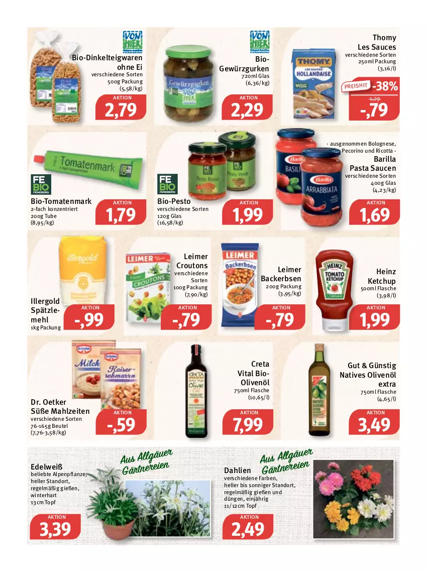 Aktueller Prospekt Feneberg - Prospekte - von 23.06 bis 25.06.2022 - strona 8 - produkty: barilla, beutel, bio, bolognese, creta vital, croutons, dahlie, Dr. Oetker, eimer, eis, elle, erbsen, flasche, gewürz, Gewürzgurke, gewürzgurken, gurke, gurken, heinz, ketchup, leimer, LG, mehl, natives olivenöl, olive, oliven, olivenöl, olivenöl extra, pasta, Pasta Sauce, Pecorino, pesto, pflanze, reis, ricotta, sauce, saucen, Spätzlemehl, teigwaren, thomy, thomy les sauces, Ti, tomate, tomaten, tomatenmark, topf, vita