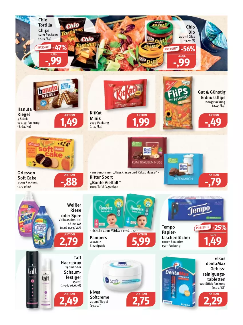 Aktueller Prospekt Feneberg - Prospekte - von 23.06 bis 25.06.2022 - strona 9 - produkty: chips, creme, dip, eis, elkos, erdnuss, griesson, haarspray, hanuta, kakao, kitkat, nivea, nuss, pampers, papier, Reinigung, reis, riegel, ritter, ritter sport, schaumfestiger, Softcreme, spee, Sport, tablet, tablett, Tablette, Taft, Tasche, taschen, taschentücher, Tempo, Ti, tortilla, Tortilla Chips, tücher, vollwaschmittel, waschmittel, windeln