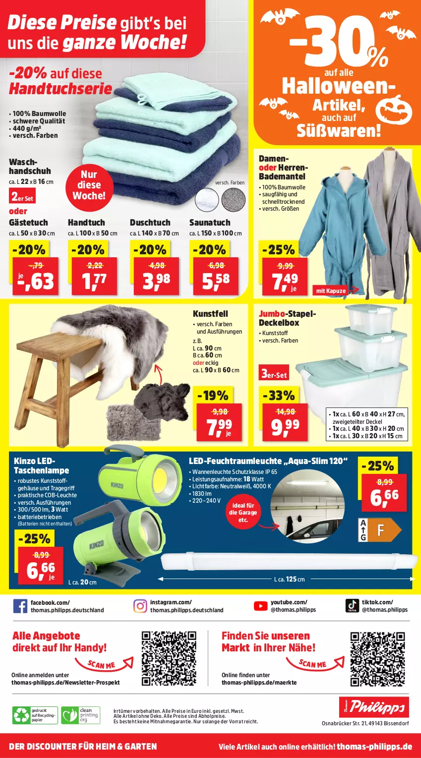 Aktueller Prospekt Thomas Philipps - von 27.10 bis 01.11.2025 - strona 22 - produkty: abholpreise, alle preise sind abholpreise, angebot, angebote, aqua, Bad, Bademantel, batterie, batterien, Bau, baumwolle, Clin, decke, Deckel, discount, duschtuch, eis, Garten, gästetuch, handtuch, Handtuchserie, Handy, jumbo, Lampe, Leuchte, Mantel, papier, reis, Saunatuch, Tasche, taschen, taschenlampe, Ti, tisch, tragegriff, tuc, Wanne, waschhandschuh, wolle, Yo