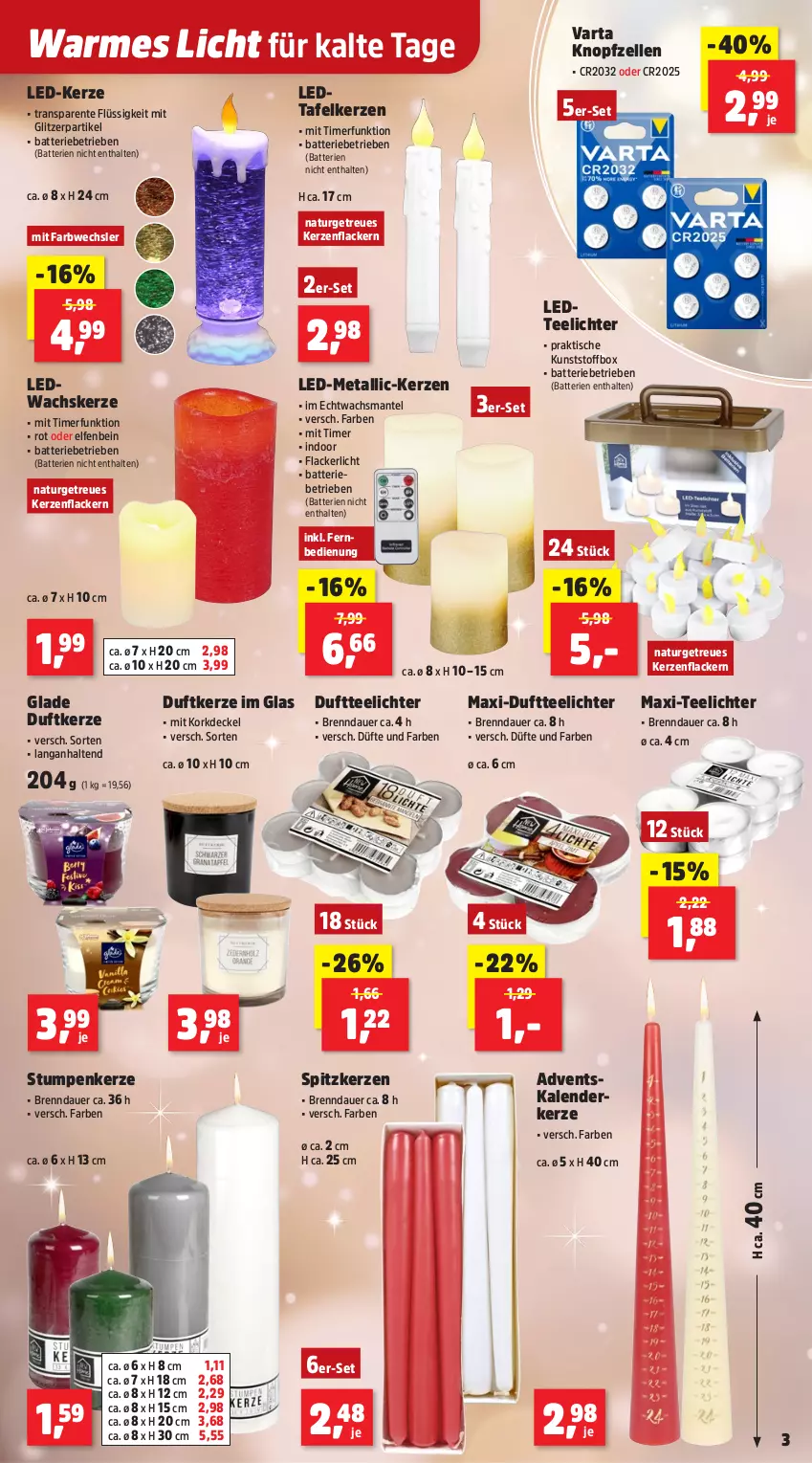 Aktueller Prospekt Thomas Philipps - von 27.10 bis 01.11.2025 - strona 3 - produkty: Adventskalender, auer, batterie, batterien, decke, Deckel, Duftkerze, Duftteelichte, elle, ente, fernbedienung, Glade, kerze, lack, Lacke, LED-Kerze, Mantel, natur, tee, Teelicht, teelichte, Ti, timer, tisch, varta