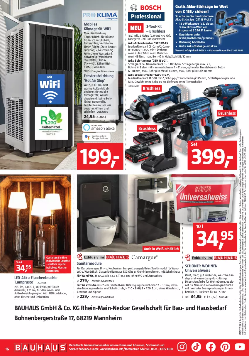 Aktueller Prospekt Bauhaus - Prospekte - von 01.07 bis 29.07.2023 - strona 16 - produkty: abholpreise, ACC, accessoires, akku, akku-bohrschrauber, angebot, angebote, armatur, auto, Bau, Berger, bohne, bohnen, Bohrhammer, Bohrschrauber, bosch, decke, deka, dekoration, dell, eis, elle, fenster, flasche, Holz, kleid, Kleidung, klimagerät, ladegerät, ladekabel, lamm, Leuchte, leuchtmittel, LG, Mode, reis, Ria, rum, säge, Schal, Sport, sporttasche, stichsäge, Tasche, Ti, timer, tisch, usb, waschtisch, wasser, wassertank, werkzeug, werkzeuge, Winkelschleifer