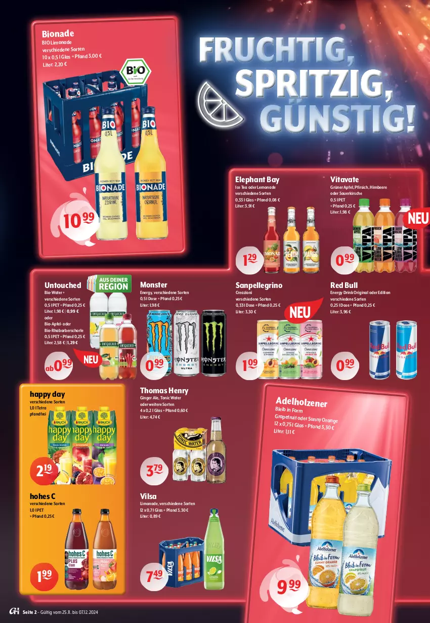 Aktueller Prospekt Getraenke Hoffmann - Prospekte - von 25.11 bis 07.12.2024 - strona 2 - produkty: adelholzener, apfel, auer, beere, bio, bio limo, bionade, drink, Elephant Bay, elle, energy drink, frucht, gin, ginger, ginger ale, grapefruit, Happy Day, himbeer, himbeere, Hohes C, Holz, ice tea, kirsch, kirsche, lemonade, limo, limonade, monster, orange, pfirsich, red bull, rhabarber, sanpellegrino, schorle, thomas henry, Ti, tonic, tonic water, vilsa, vita