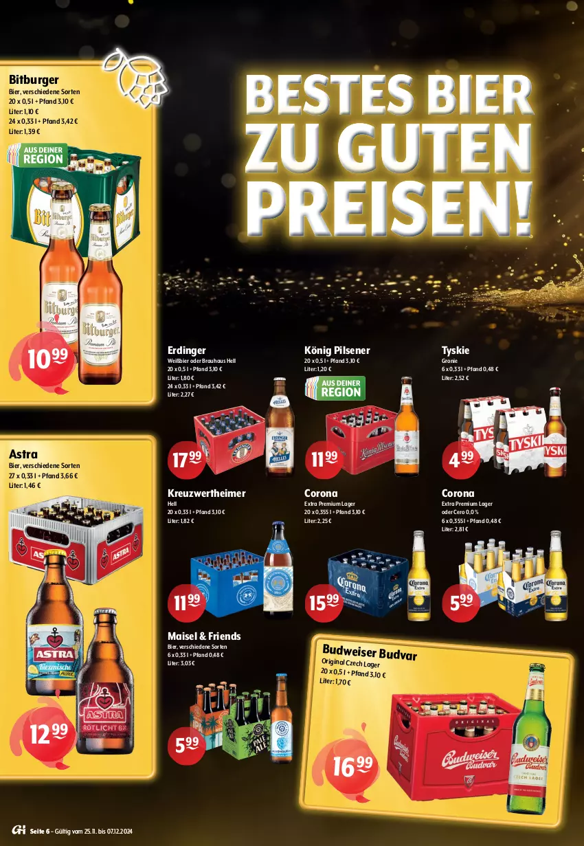 Aktueller Prospekt Getraenke Hoffmann - Prospekte - von 25.11 bis 07.12.2024 - strona 6 - produkty: Astra, bier, bitburger, budweiser, burger, corona, eimer, eis, erdinger, gin, könig pilsener, mais, pils, pilsener, reis, Ti, tyskie