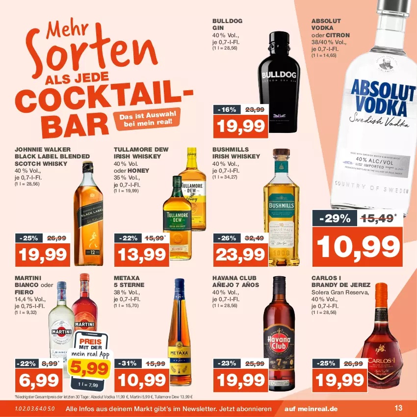 Aktueller Prospekt Real - von 02.10 bis 07.10.2023 - strona 13 - produkty: Absolut Vodka, arlo, black label, blended scotch, blended scotch whisky, Bulldog, eis, gin, Havana Club, irish whiskey, johnnie walker, lack, martini, Metaxa, reis, scotch, scotch whisky, Ti, tullamore, tullamore dew, vodka, whiskey, whisky, ZTE